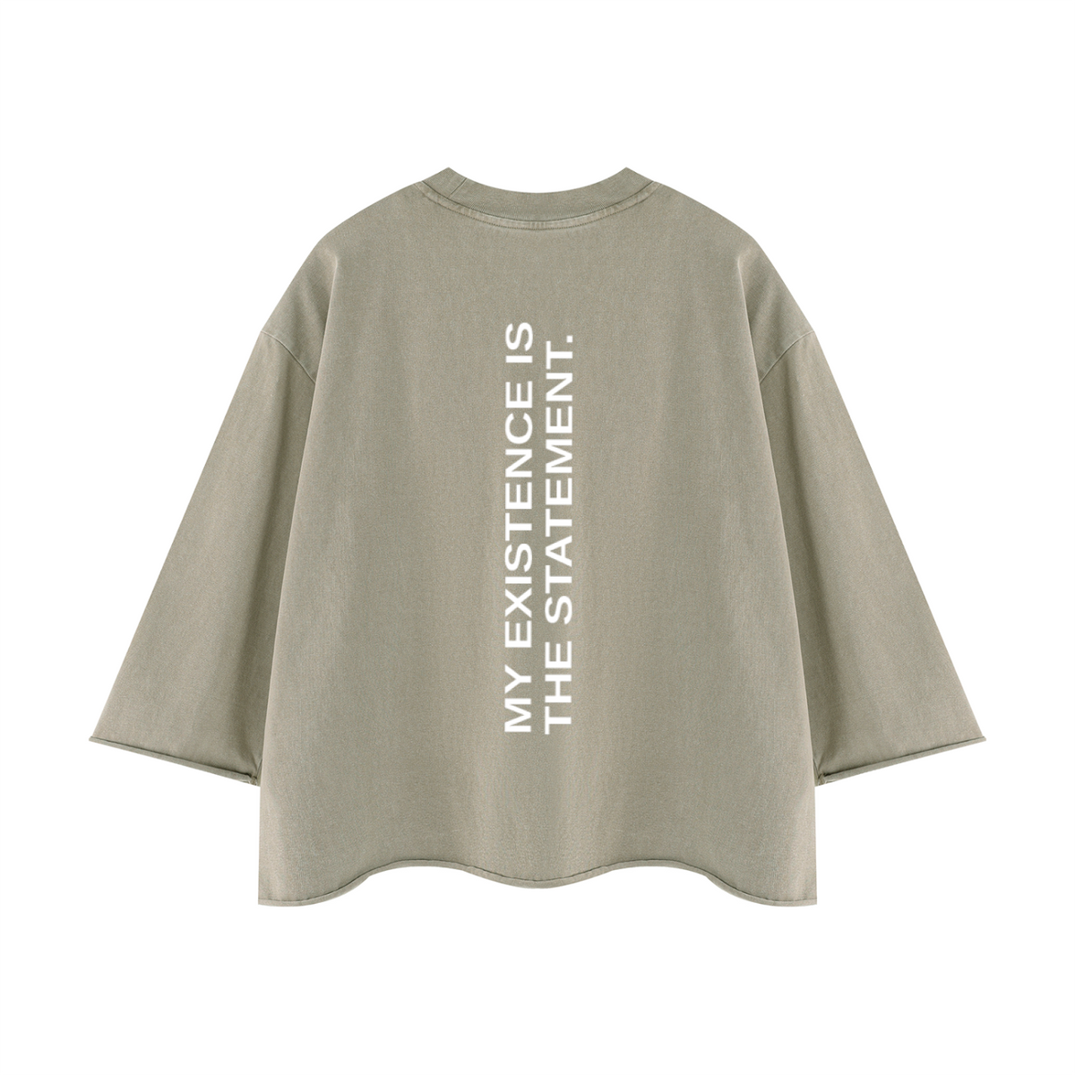 A vintage clay oversized short-sleeve t-shirt with vertical white text on the back reading 'MY EXISTENCE IS THE STATEMENT.'