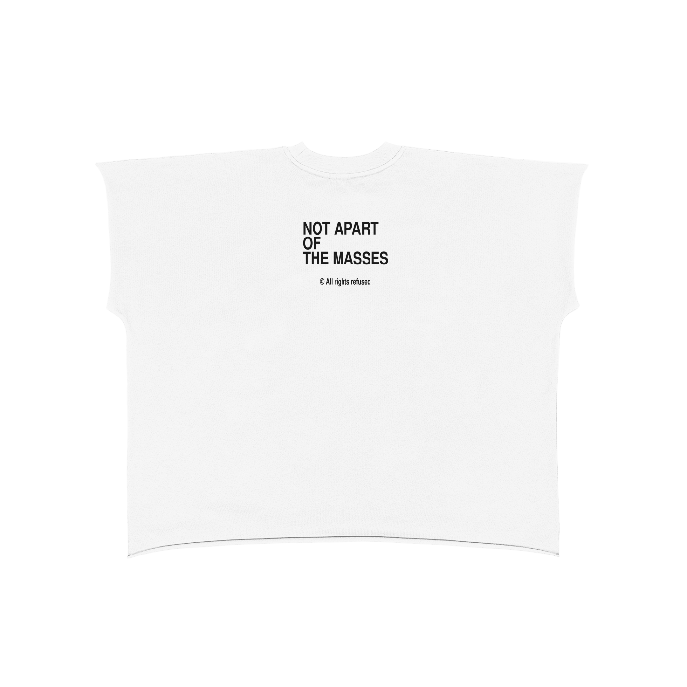 A white sleeveless crop top t-shirt with black printed text on the chest reading 'NOT APART OF THE MASSES' and a small copyright line below, shown on a plain white background.