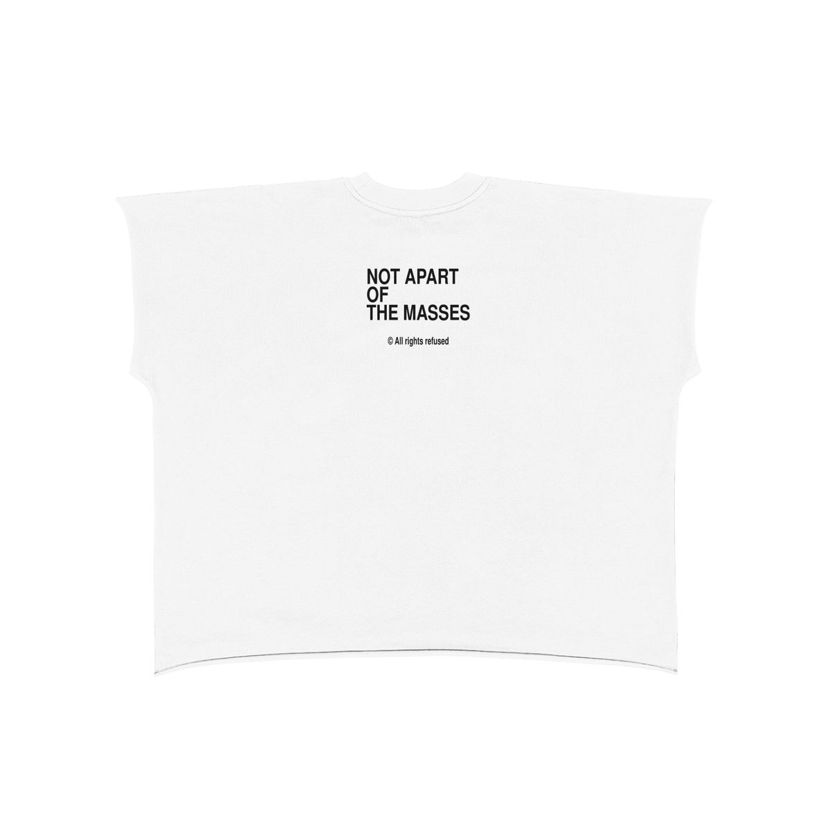 A white sleeveless crop top t-shirt with black printed text on the chest reading 'NOT APART OF THE MASSES' and a small copyright line below, shown on a plain white background.