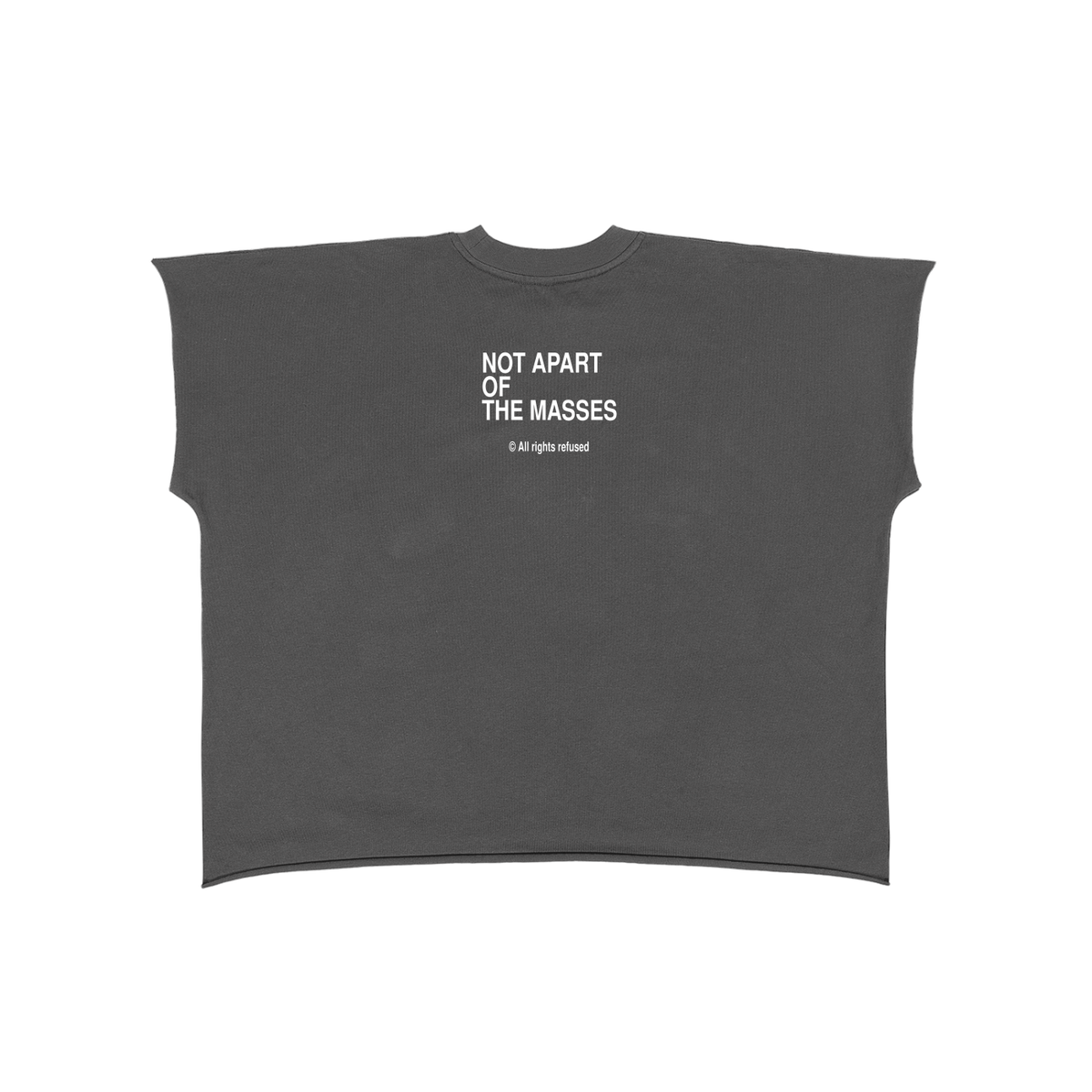 Carbon Black sleeveless shirt with not apart of the masses logo on a white background