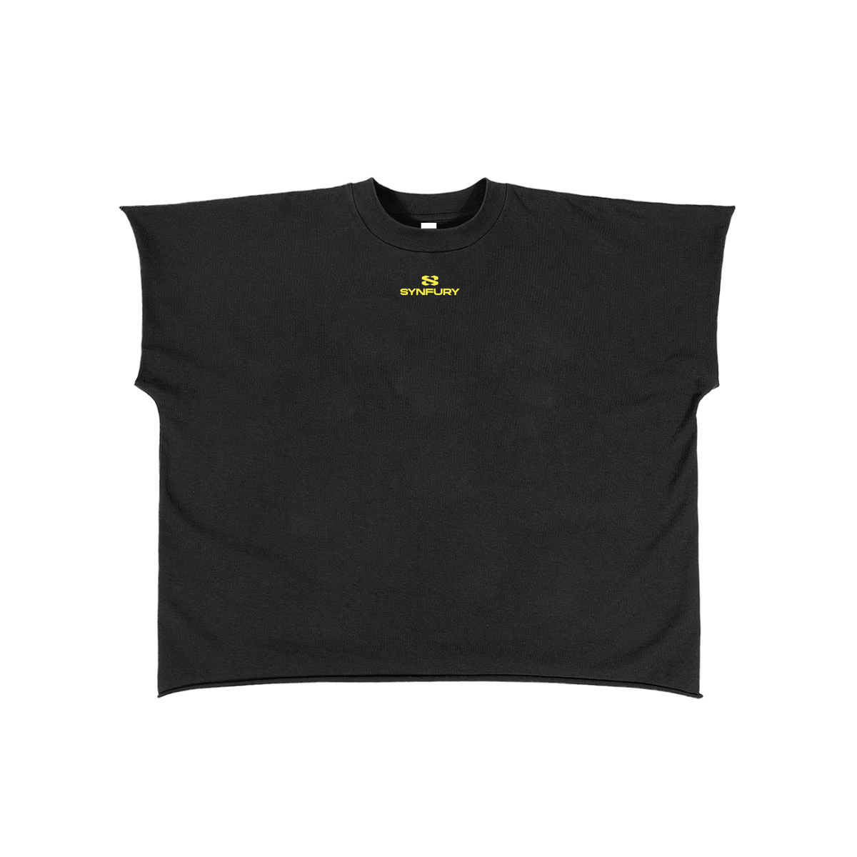 A black sleeveless crop top t-shirt with a small black 'SYNFURY' logo printed on the chest, displayed flat against a solid white background.