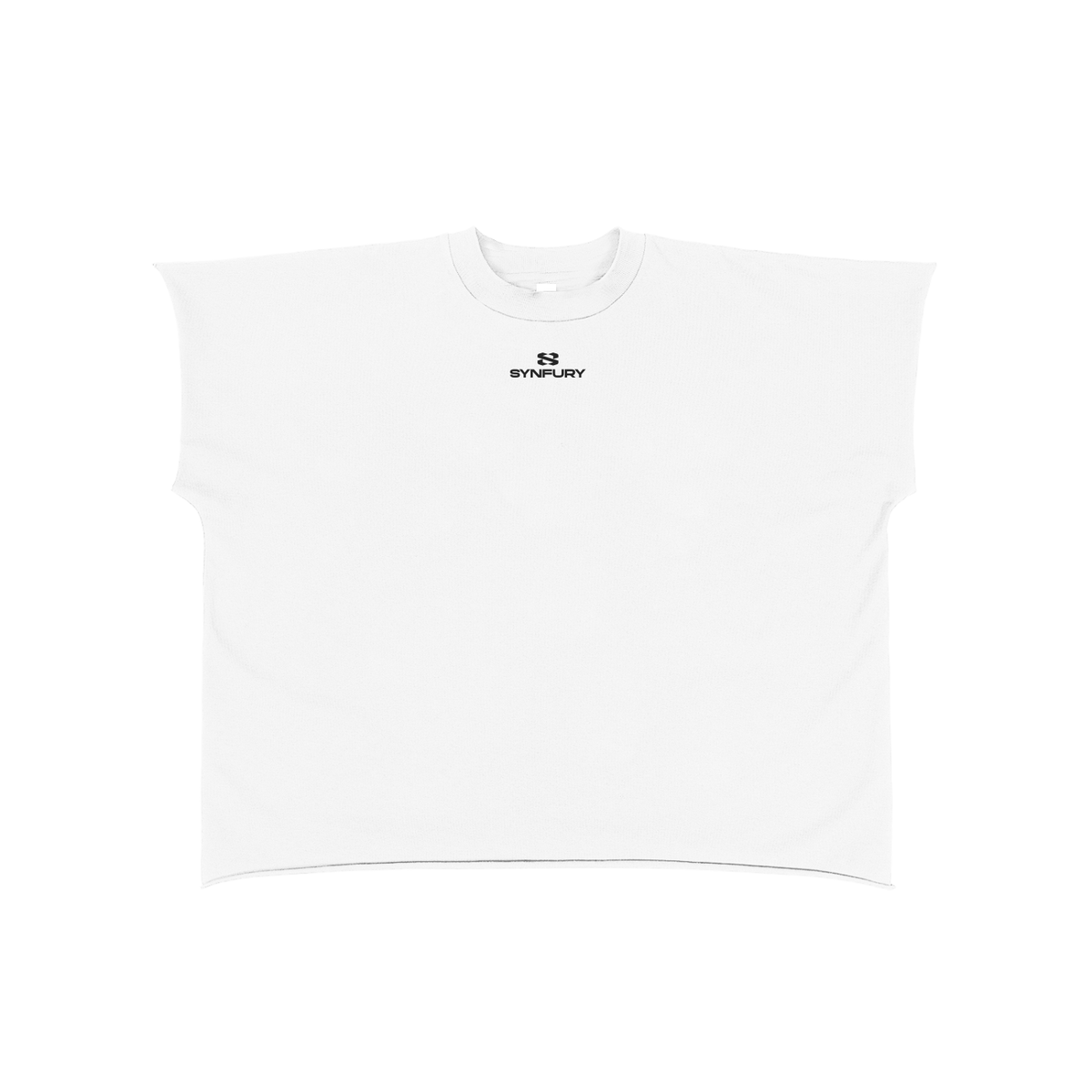 A white sleeveless crop top t-shirt with a small black 'SYNFURY' logo printed on the chest, displayed flat against a solid white background.