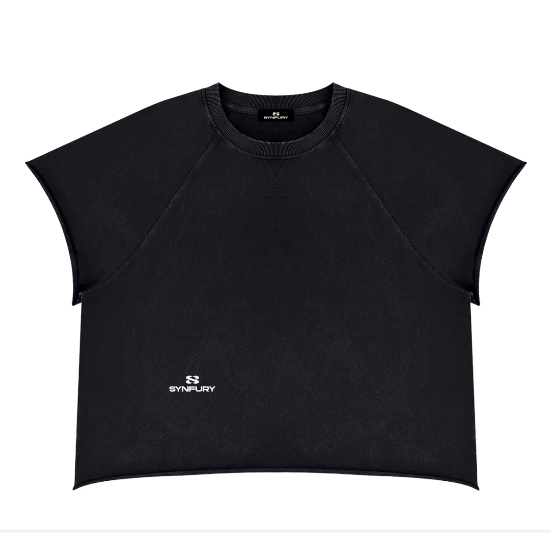 Black cropped short-sleeve t-shirt with a crew neck and raglan sleeves, featuring a small white SYNFURY logo on the lower left chest, displayed flat against a white background.