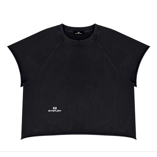 Black cropped short-sleeve t-shirt with a crew neck and raglan sleeves, featuring a small white SYNFURY logo on the lower left chest, displayed flat against a white background.
