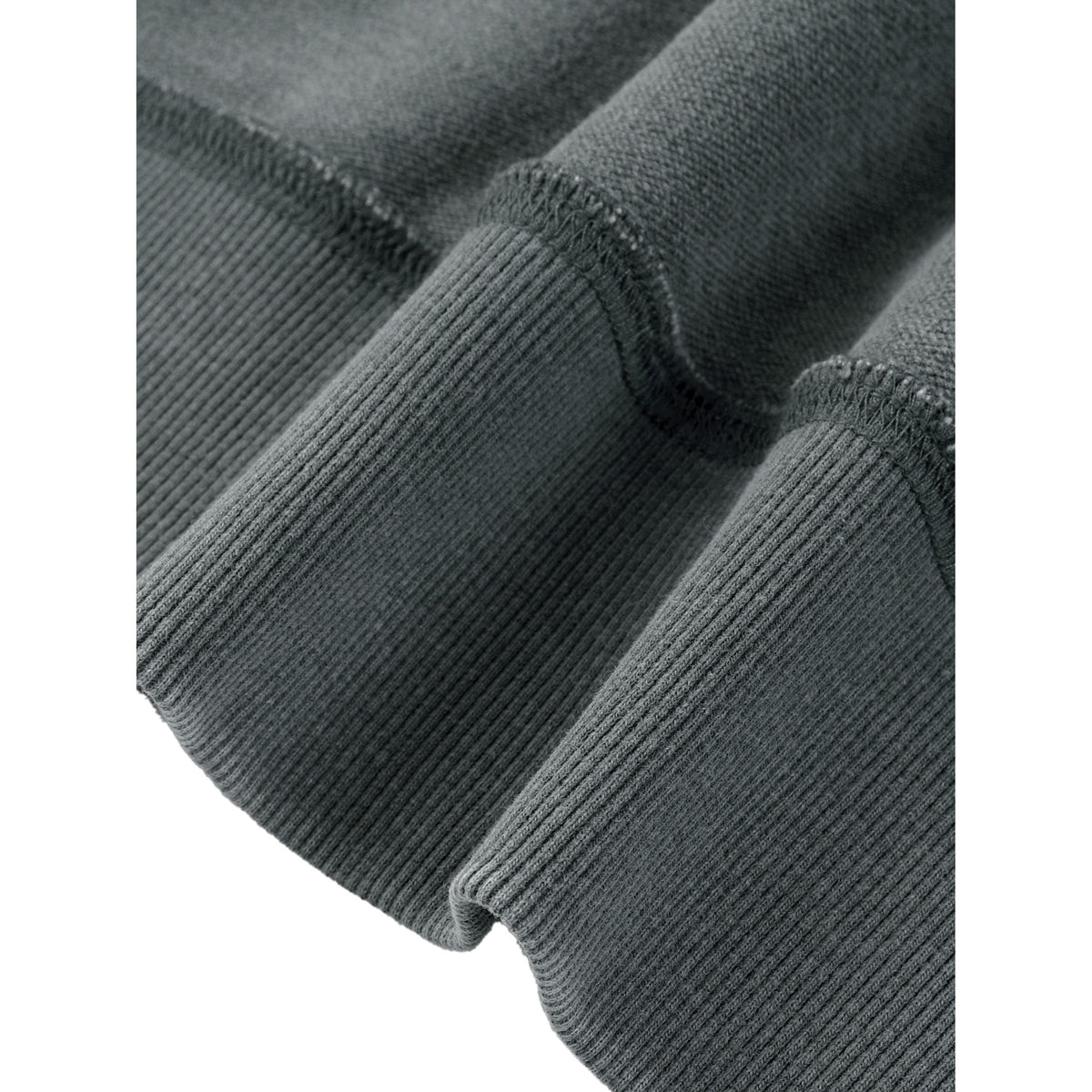 Close-up of a dark gray sweater with ribbed texture on a white background