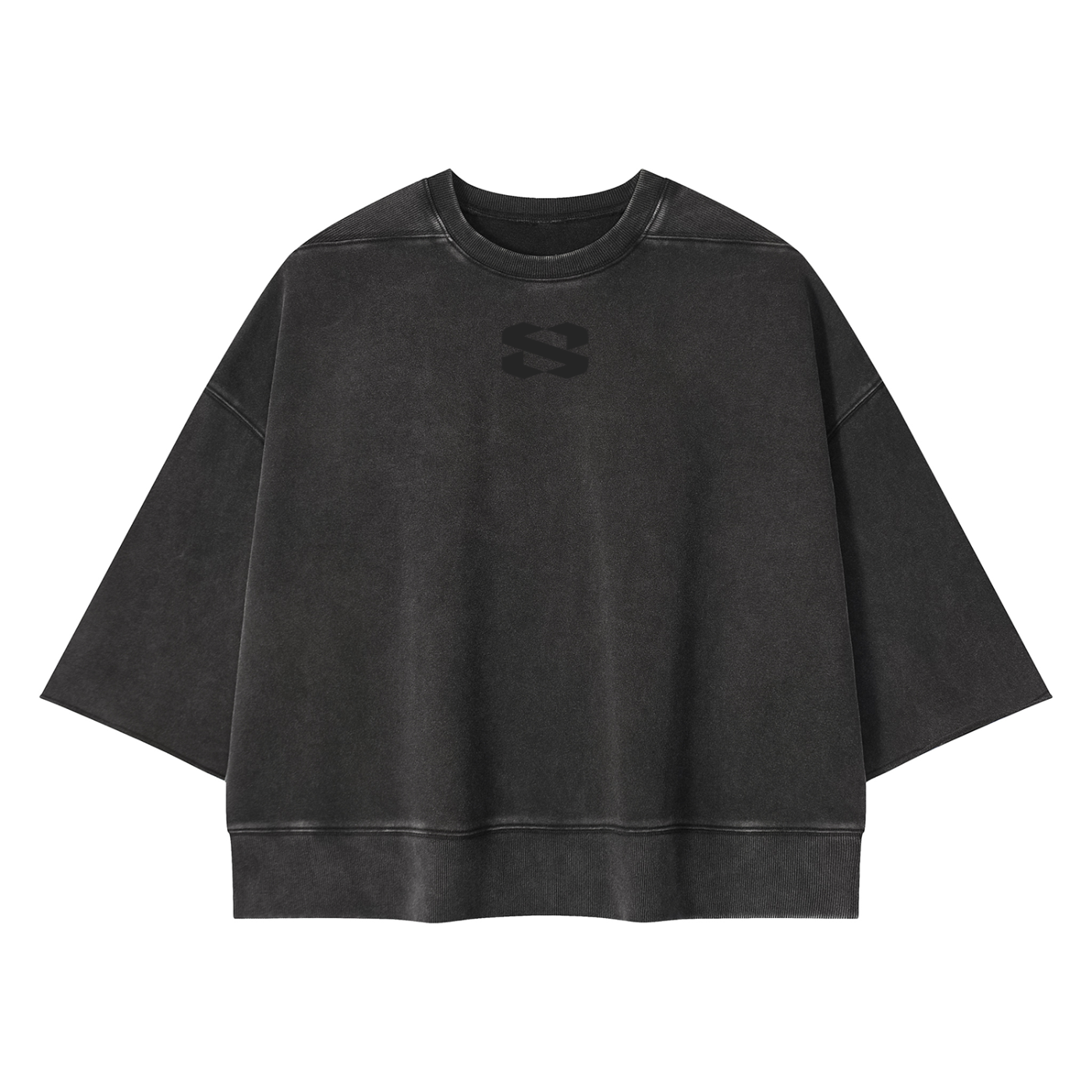 A washed black cropped sweatshirt with a small tonal black logo on the chest, displayed flat against a solid white background.