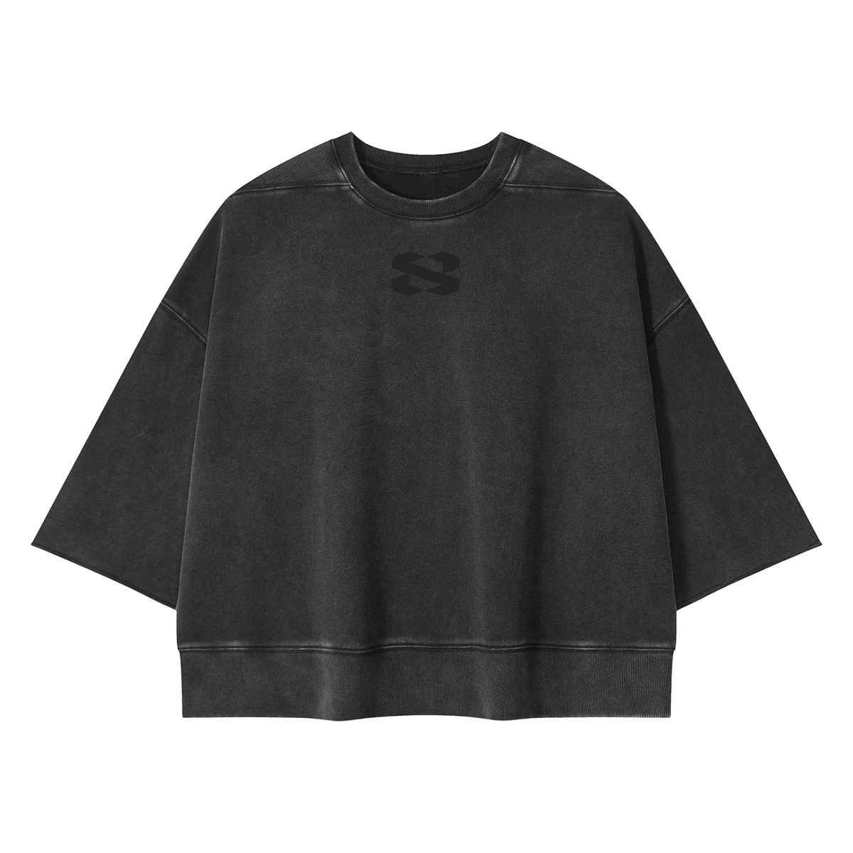 A washed black cropped sweatshirt with a small tonal black logo on the chest, displayed flat against a solid white background.