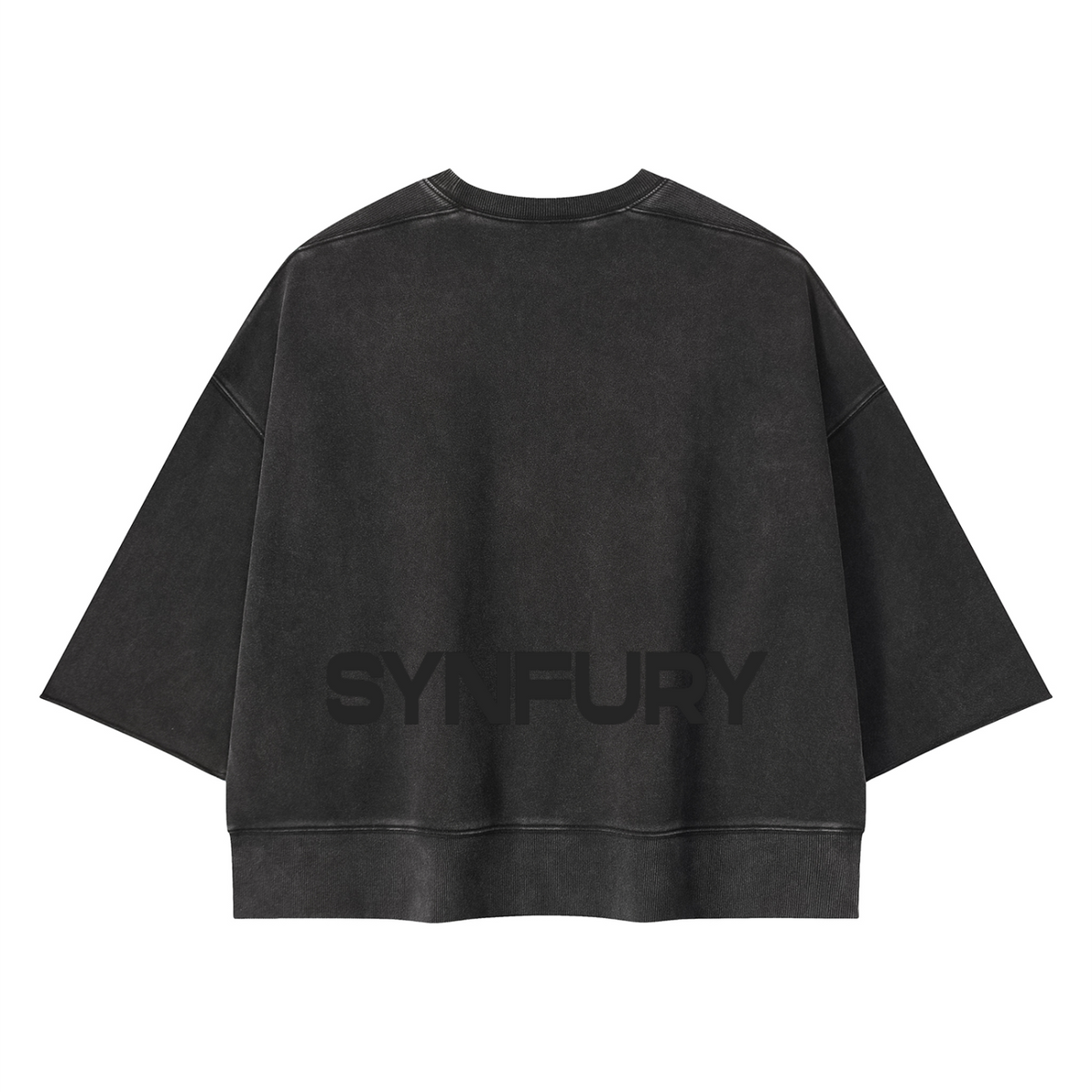 A washed black cropped sweatshirt with wide short sleeves, shown from the back. The brand name 'SYNFURY' is printed across the center in a matching dark tone.