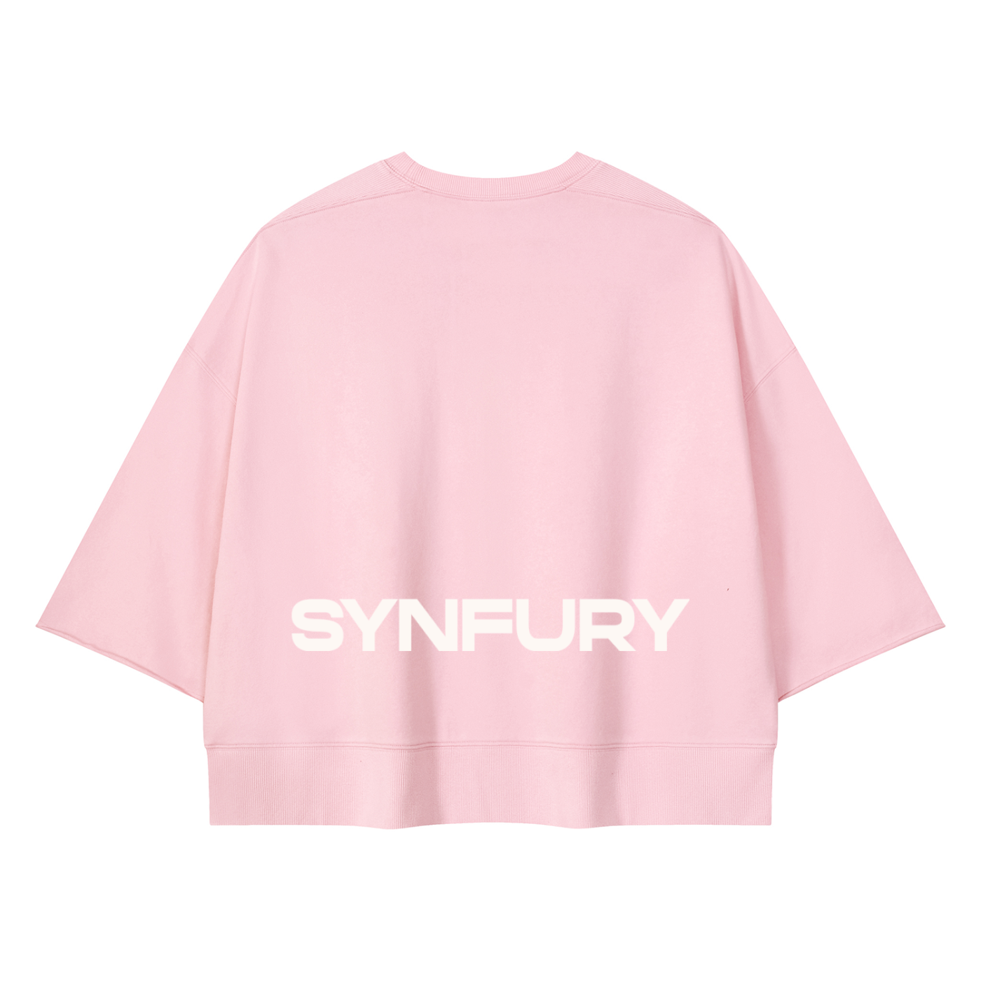 A light pink cropped sweatshirt with wide sleeves, shown from the back. The back features the word 'SYNFURY' printed in a bold, white sans-serif font across the center.