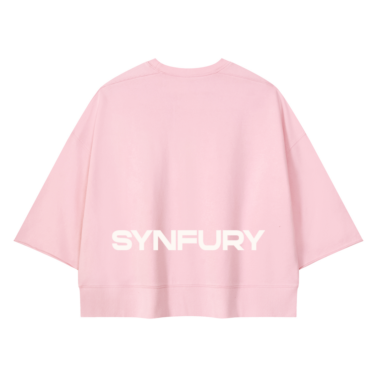 A light pink cropped sweatshirt with wide sleeves, shown from the back. The back features the word 'SYNFURY' printed in a bold, white sans-serif font across the center.