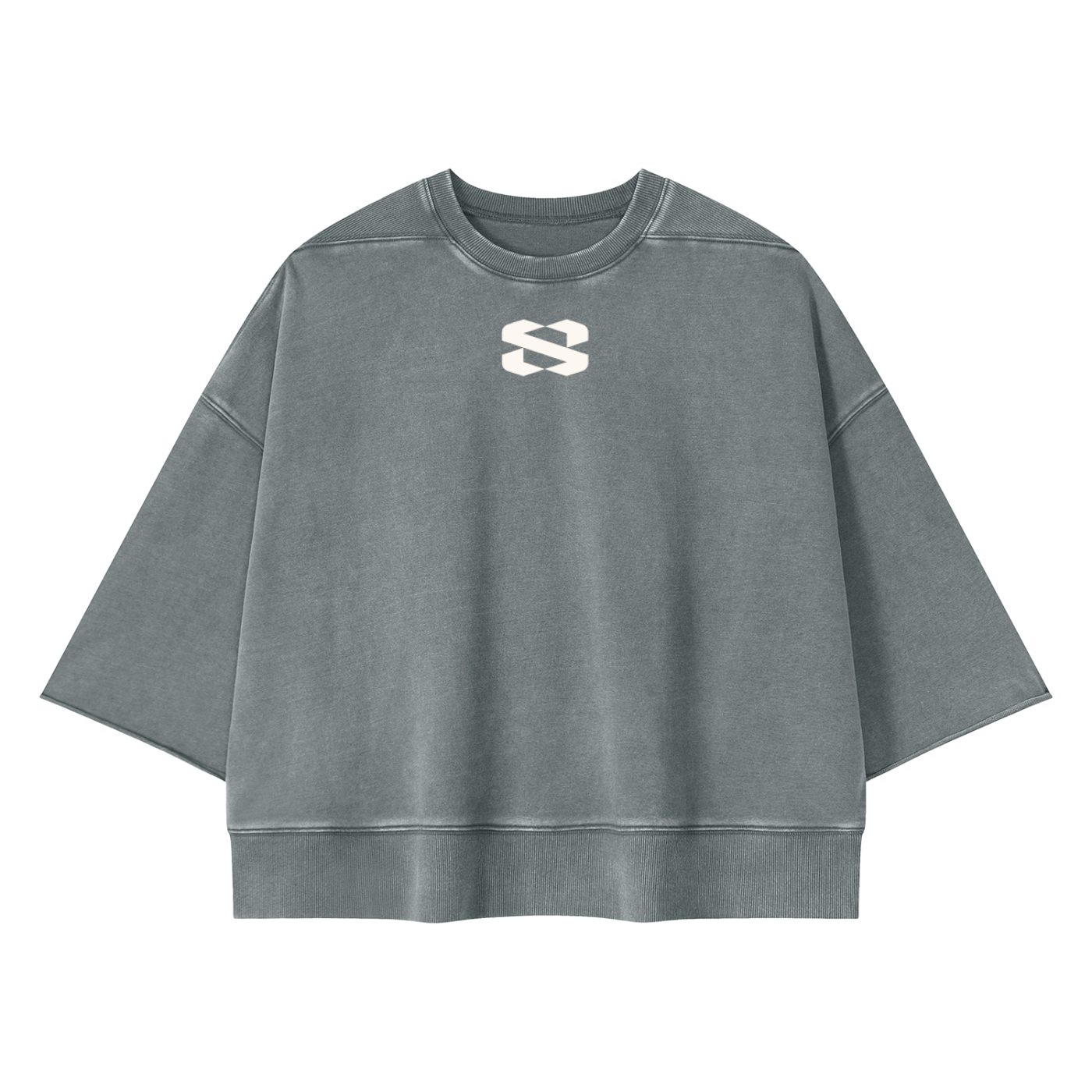 A gray washed short-sleeve crewneck sweatshirt with a white stylized 'S' logo on the chest, displayed flat against a solid white background.