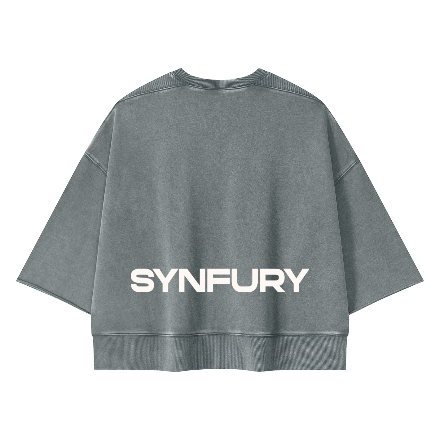 A gray acid-wash cropped sweatshirt with 'SYNFURY' printed in bold white letters across the chest, shown from the back on a solid white background.