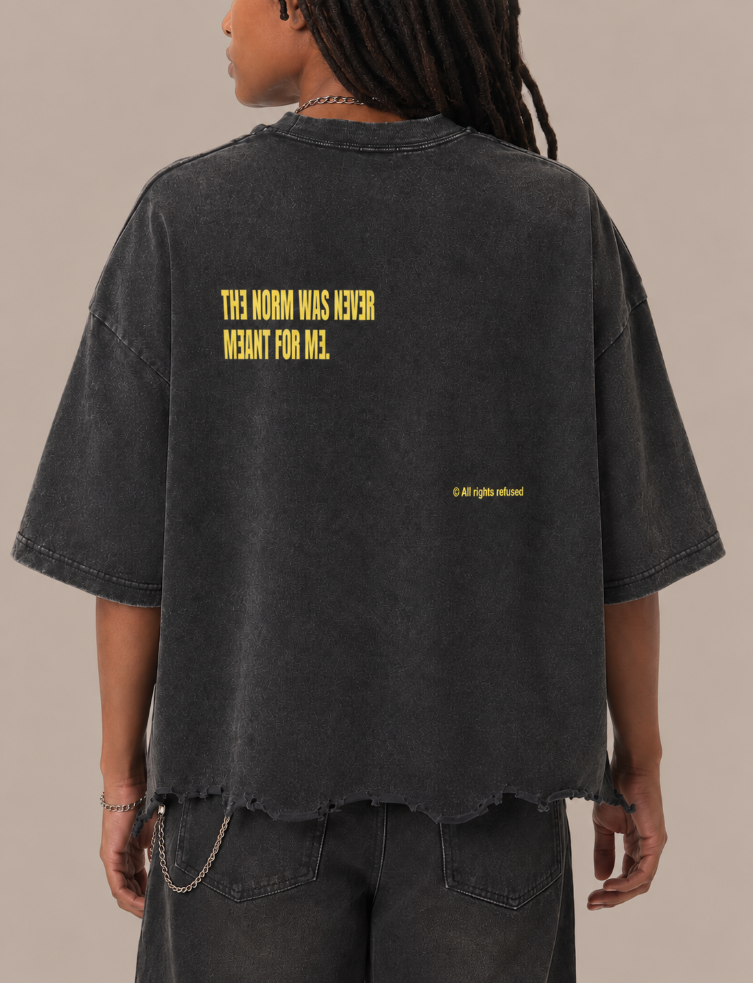 SYNFURY Rebel Tee in Warm Charcoal Black, back print "The Norm Was Never Meant For Me"