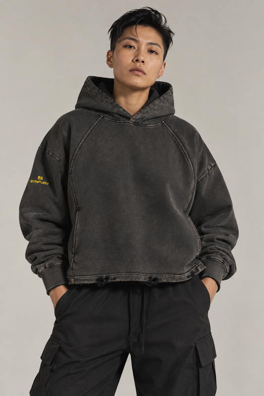 SYNFURY cropped hoodie in washed black, raw distressed hem