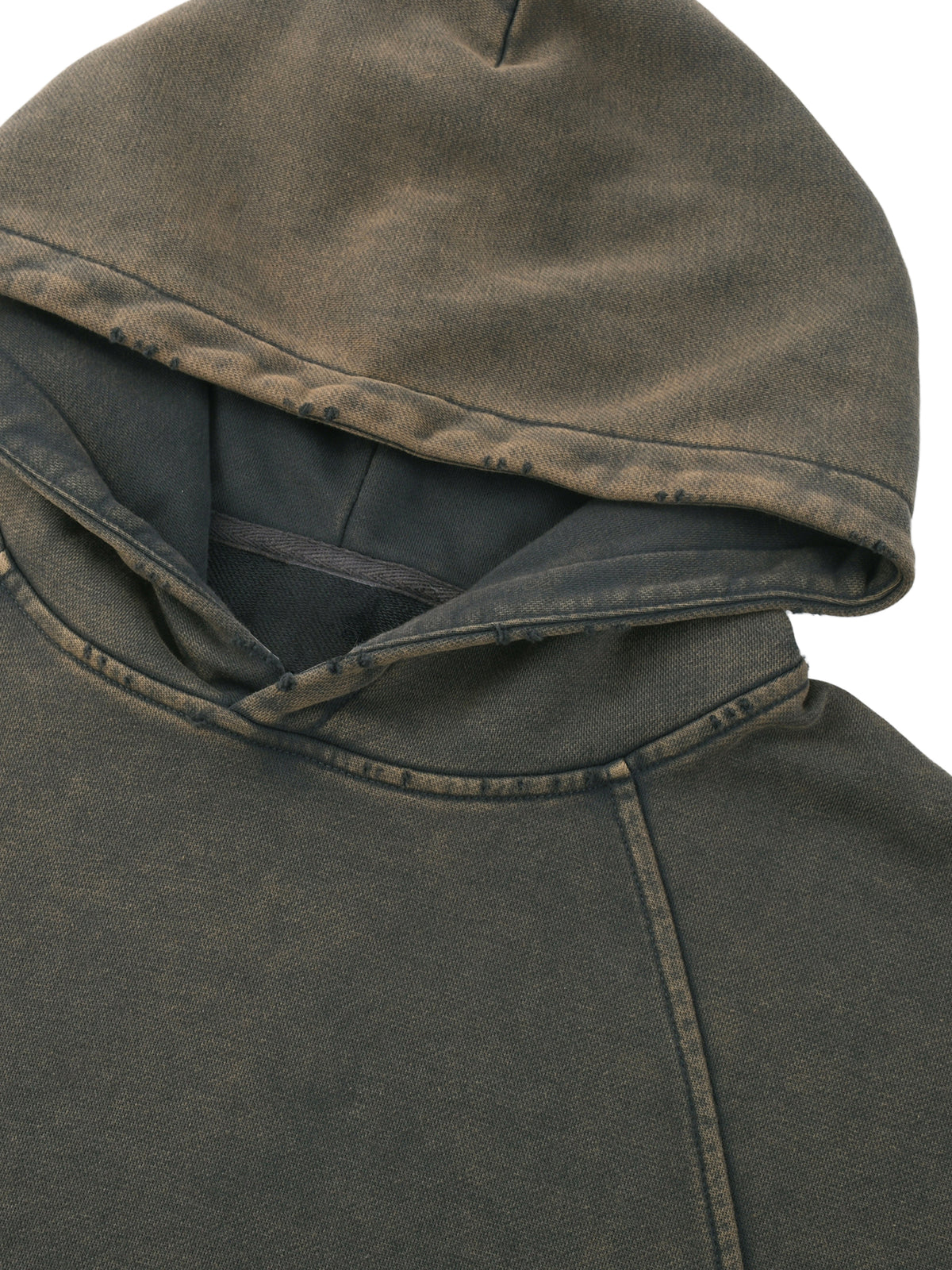 SYNFURY cropped hoodie in washed charcoal, hood and seam detail