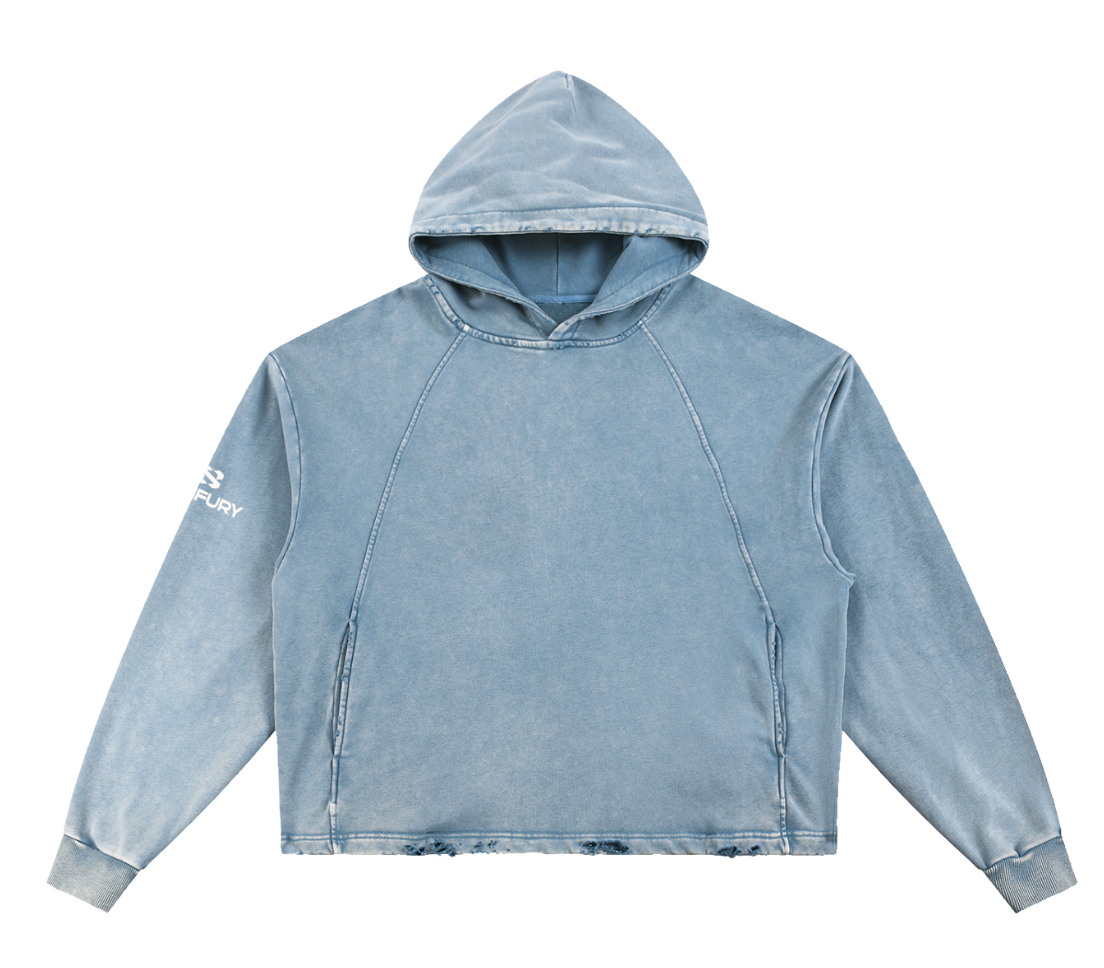 SYNFURY Heritage Hoodie in washed denim, raw distressed hem