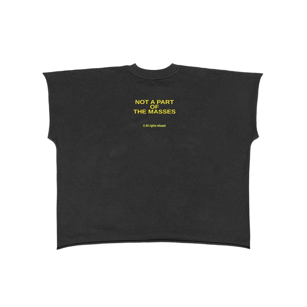 The Outlier cutoff tee in black, back print "Not A Part Of The Masses"
