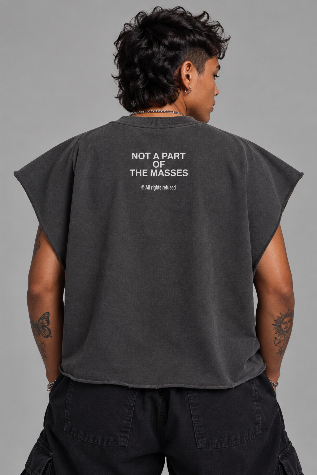 The Outlier cutoff tee, back print "Not A Part Of The Masses," SYNFURY