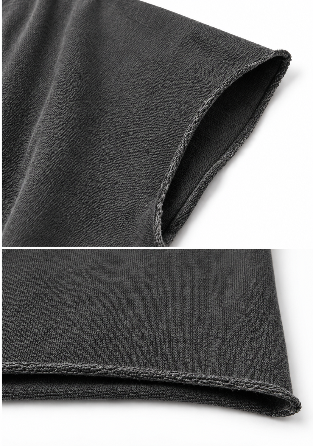 Raw hem detail on The Outlier cutoff tee, Aged Carbon