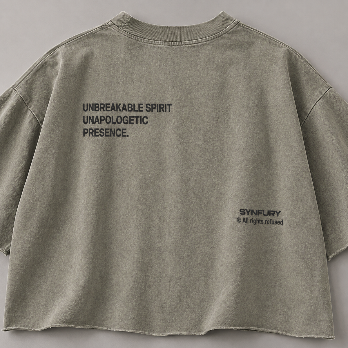SYNFURY oversized tee in Vintage Clay, back print "Unbreakable Spirit, Unapologetic Presence"