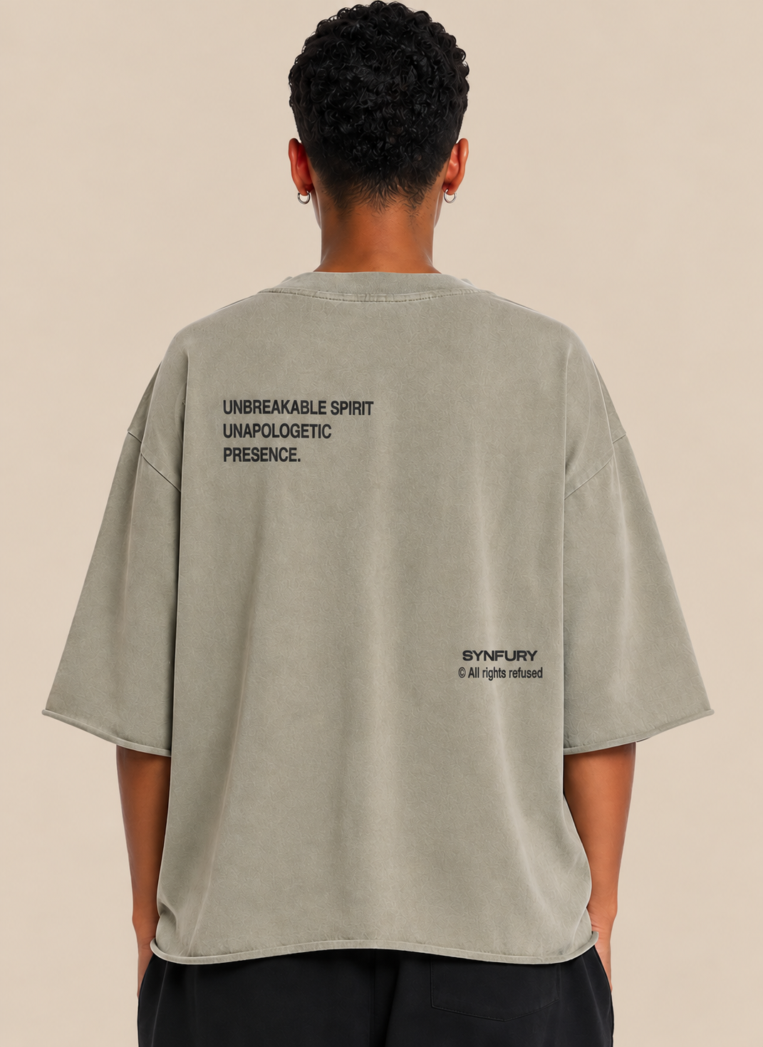 SYNFURY oversized tee in Vintage Clay, back print "Unbreakable Spirit, Unapologetic Presence