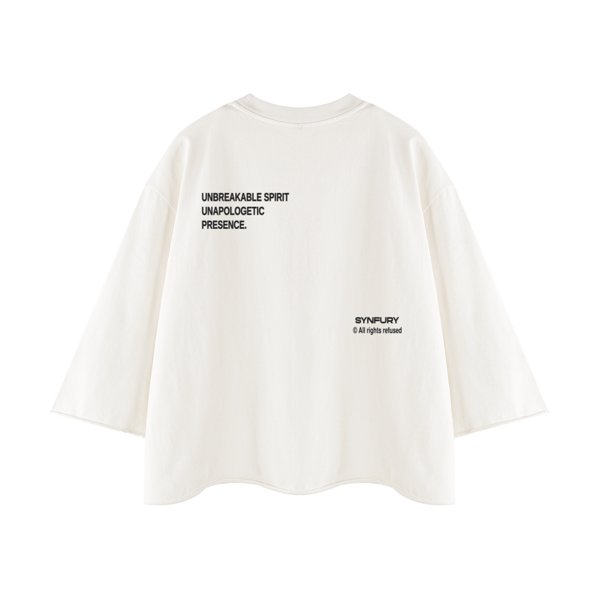 SYNFURY oversized tee in white, back print "Unbreakable Spirit, Unapologetic Presence