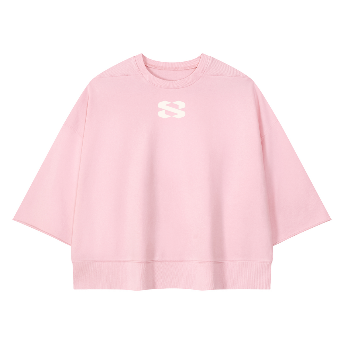 The Ribbed Crew Half Sleeve in Chalk Pink — heavyweight cotton, oversized boxy fit, white 'S' logo on chest, product shot on white background