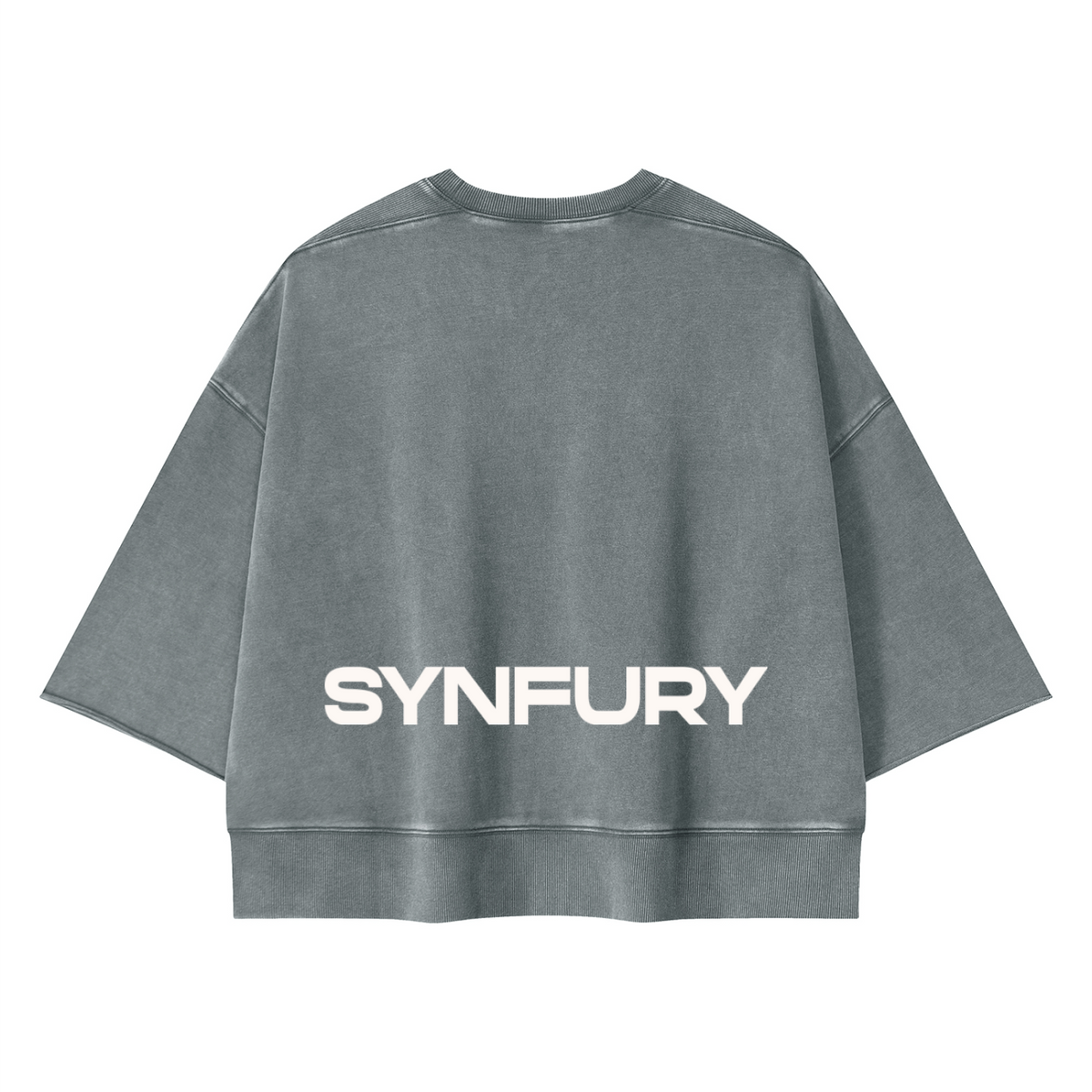 The Ribbed Crew Half Sleeve in Slate Gray, back view — heavyweight cotton, oversized boxy fit, bold white SYNFURY word mark across the back