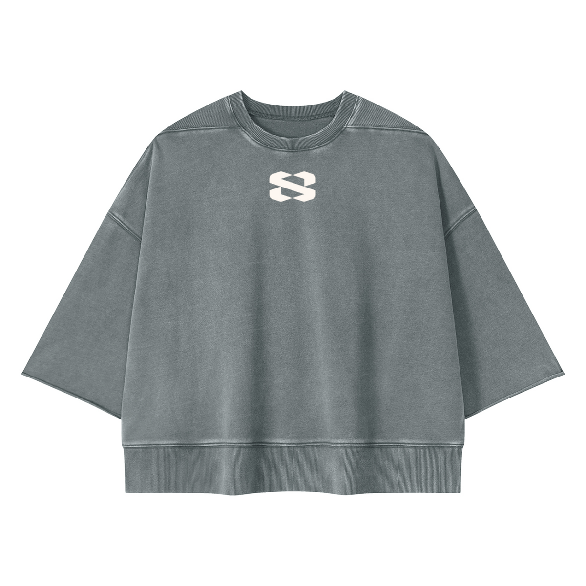 The Ribbed Crew Half Sleeve in Slate Gray — heavyweight cotton, oversized boxy fit, white 'S' logo on chest, product shot on white background