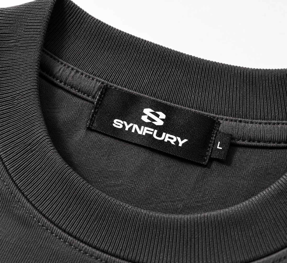 SYNFURY label detail on inside collar of ribbed crewneck sweatshirt