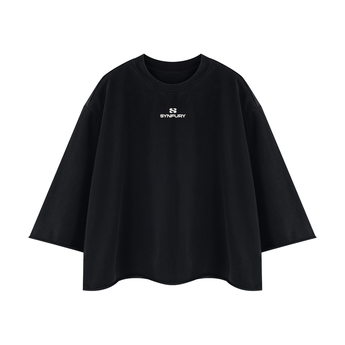 "The Statement Tee in Black, front view — heavyweight cotton, oversized fit, center-chest SYNFURY logo"