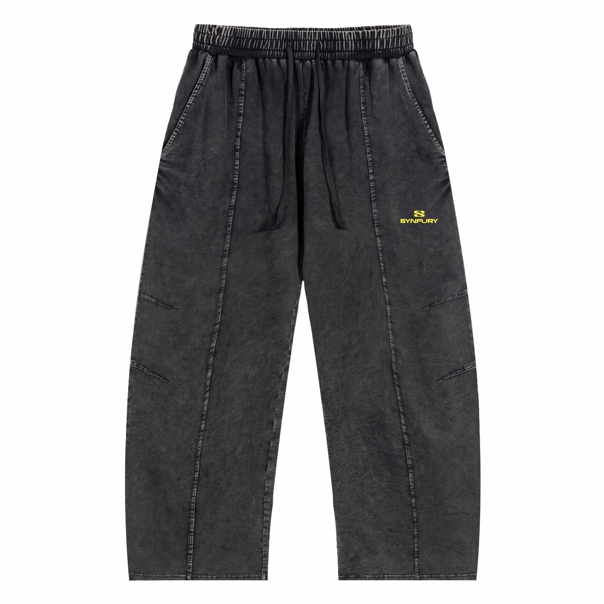 The Unapologetic Hooded Set sweatpants in Cinder Black — heavyweight cotton, wide-leg cargo fit with angled thigh pockets, drawstring waist, yellow SYNFURY logo at thigh, product shot on white background"