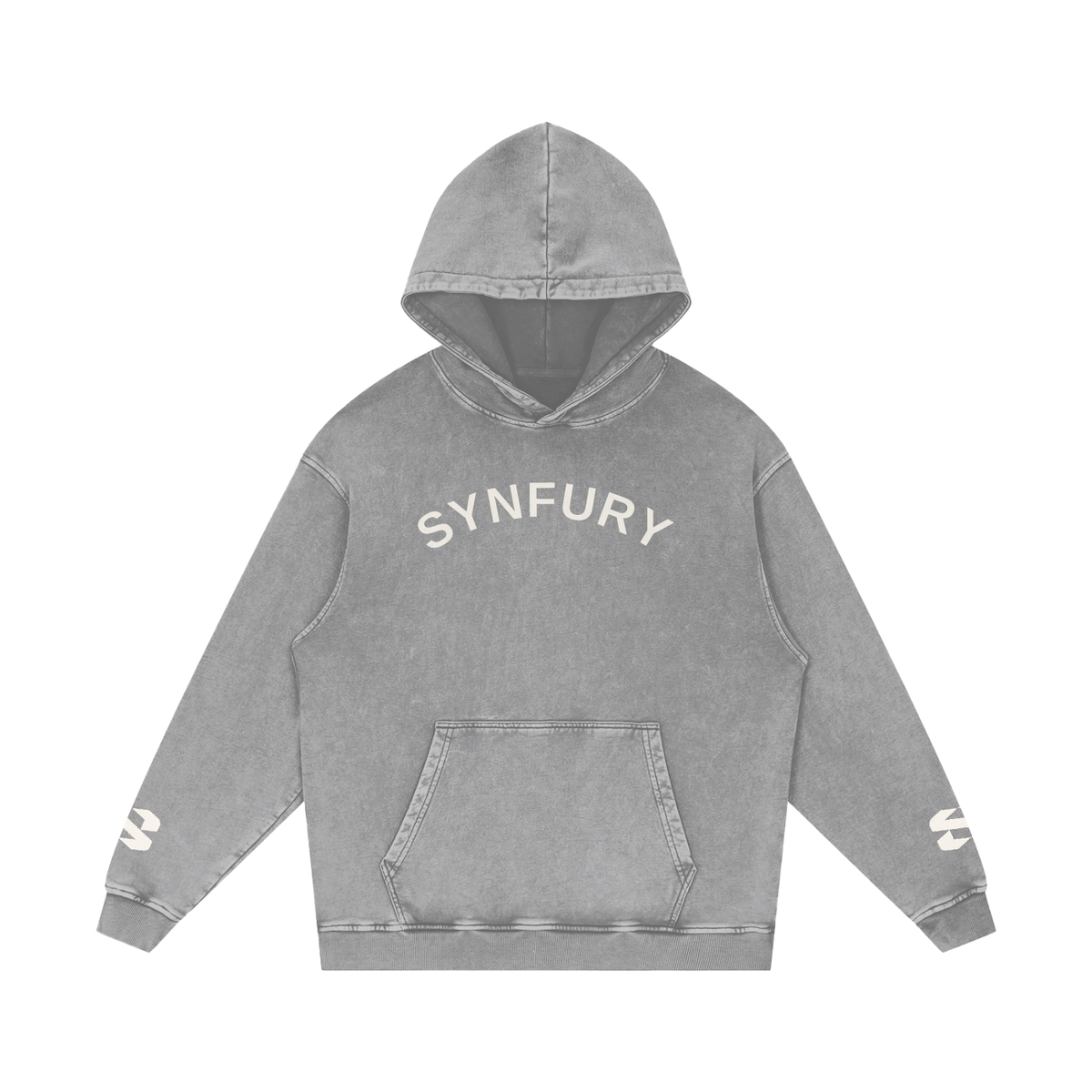 Vintage Pullover Hoodie in Fog Gray — heavyweight cotton, snow-wash finish, SYNFURY word mark, kangaroo pocket, product shot on white background"