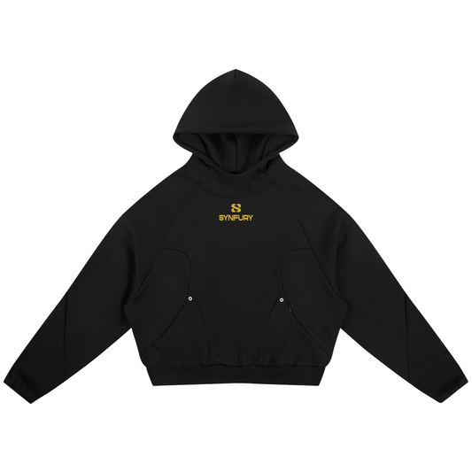 Black raglan curved panel hoodie on a white background