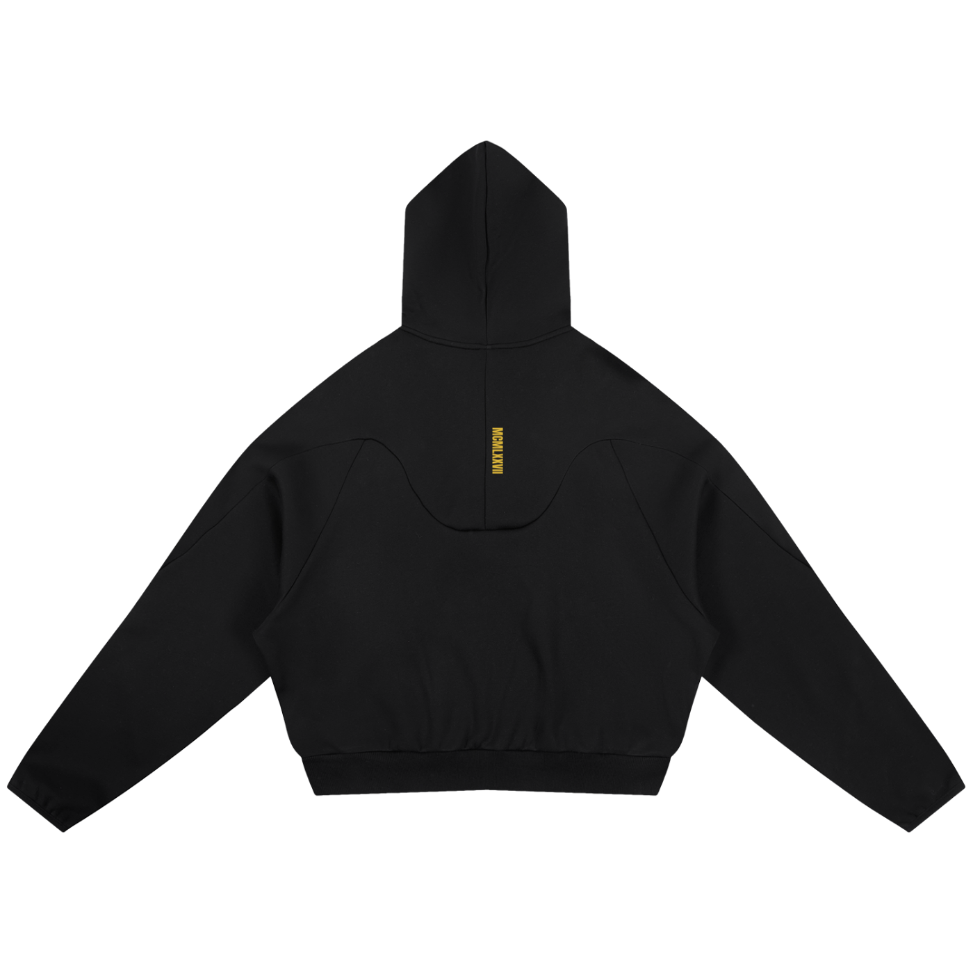 Black raglan curved panel hoodie with a small yellow vertical text graphic on the back, displayed flat against a solid white background.
