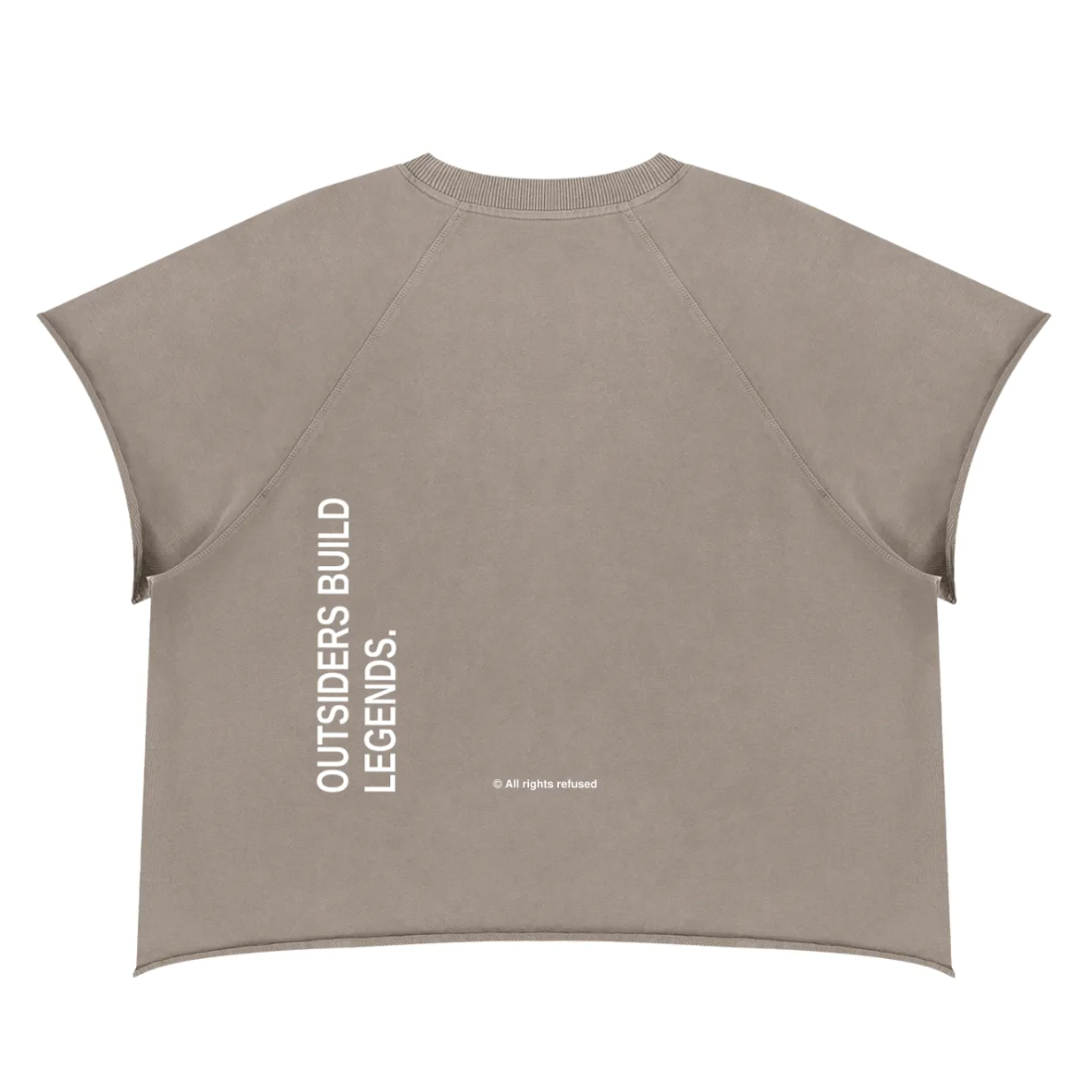 SYNFURY'S cropped, short-sleeve t-shirt in a Khaki color, shown from the back. The shirt features vertical white text reading 'OUTSIDERS BUILD LEGENDS.