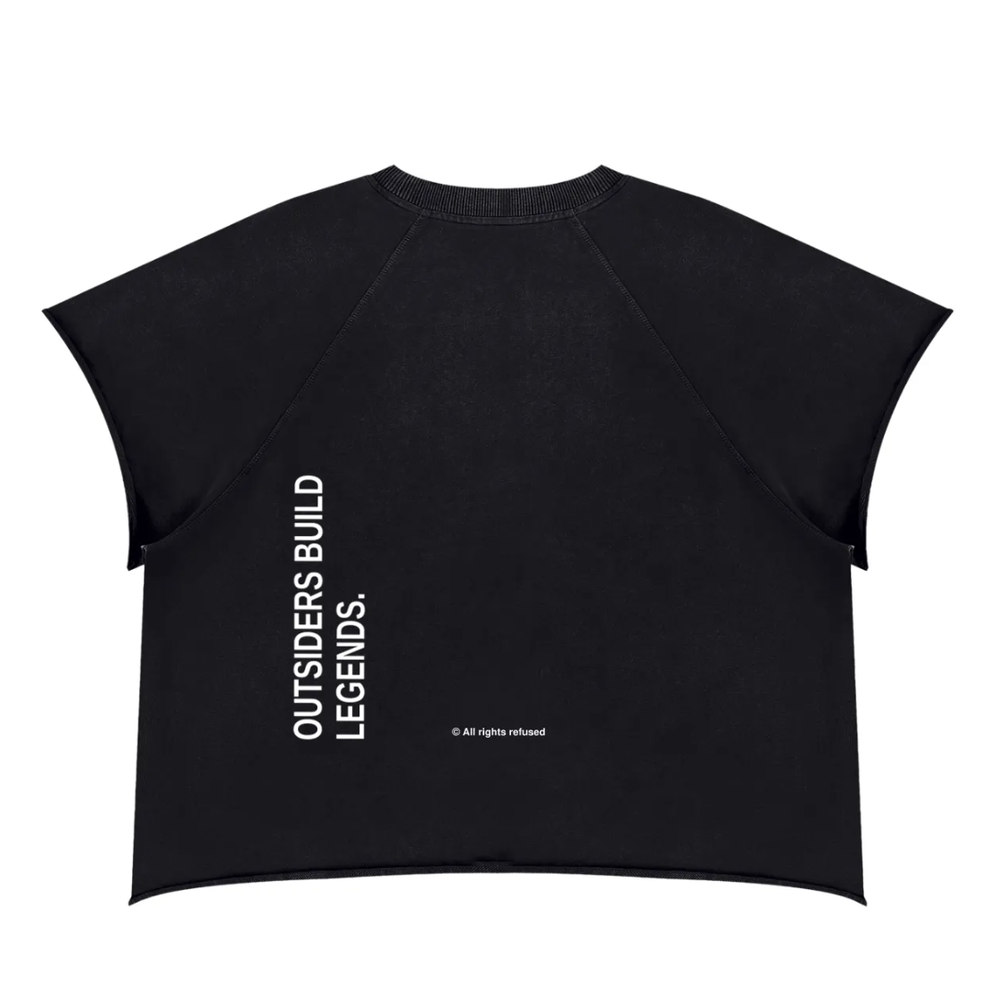 SYNFURY black cropped raglan t-shirt shown from the back, featuring vertical white text that reads 'OUTSIDERS BUILD LEGENDS.' and a small '© All rights reserved' print near the lower back.
