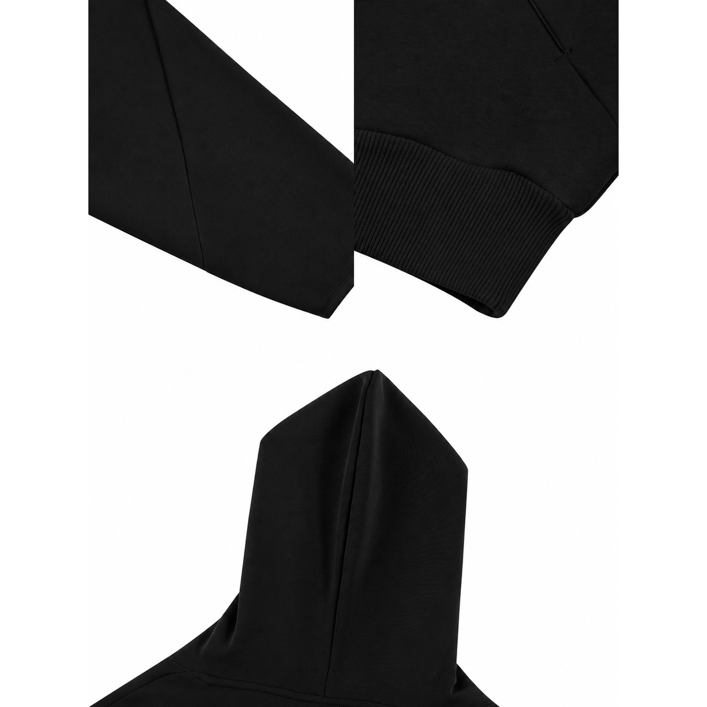 SYNFURY'S close-up detail shot of a black hooded sweatshirt showing the sleeve cuff, ribbed sleeve end, and hood opening against a white background.