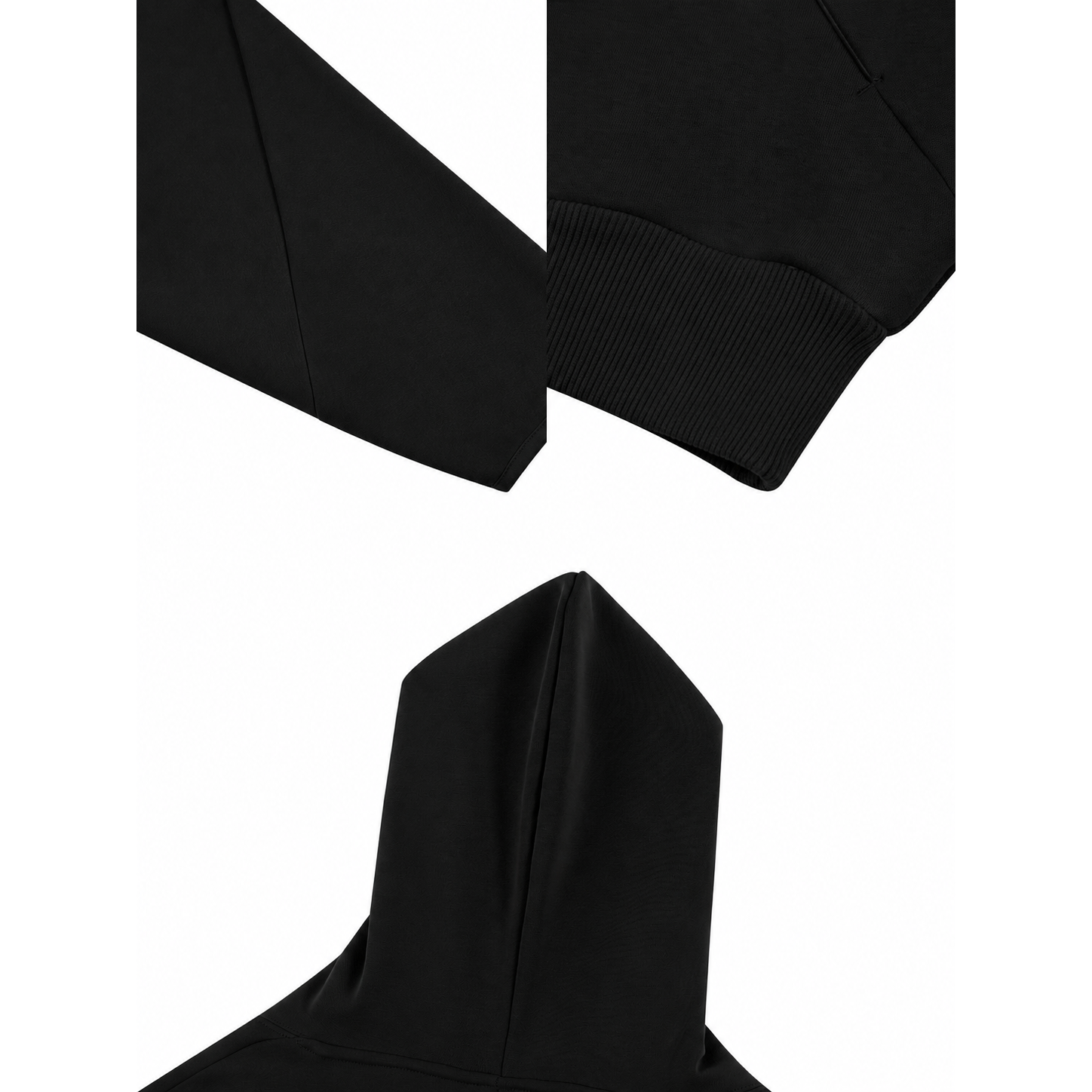 SYNFURY'S close-up detail shot of a black hooded sweatshirt showing the sleeve cuff, ribbed sleeve end, and hood opening against a white background.