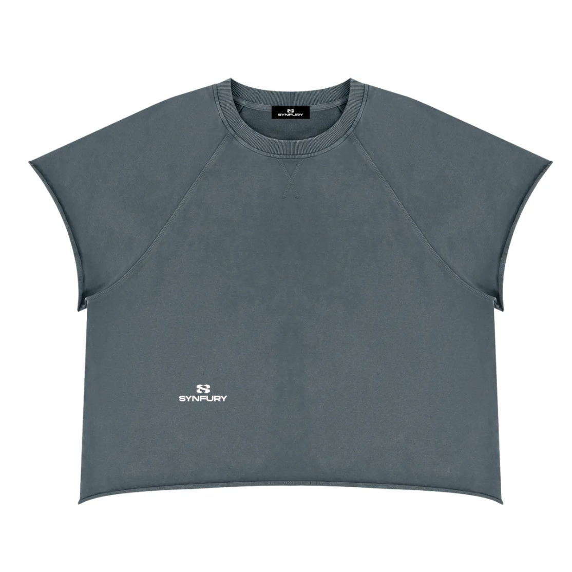 A slate gray cropped raglan t-shirt with a white SYNFURY logo printed on the lower left chest, displayed flat against a solid white background.