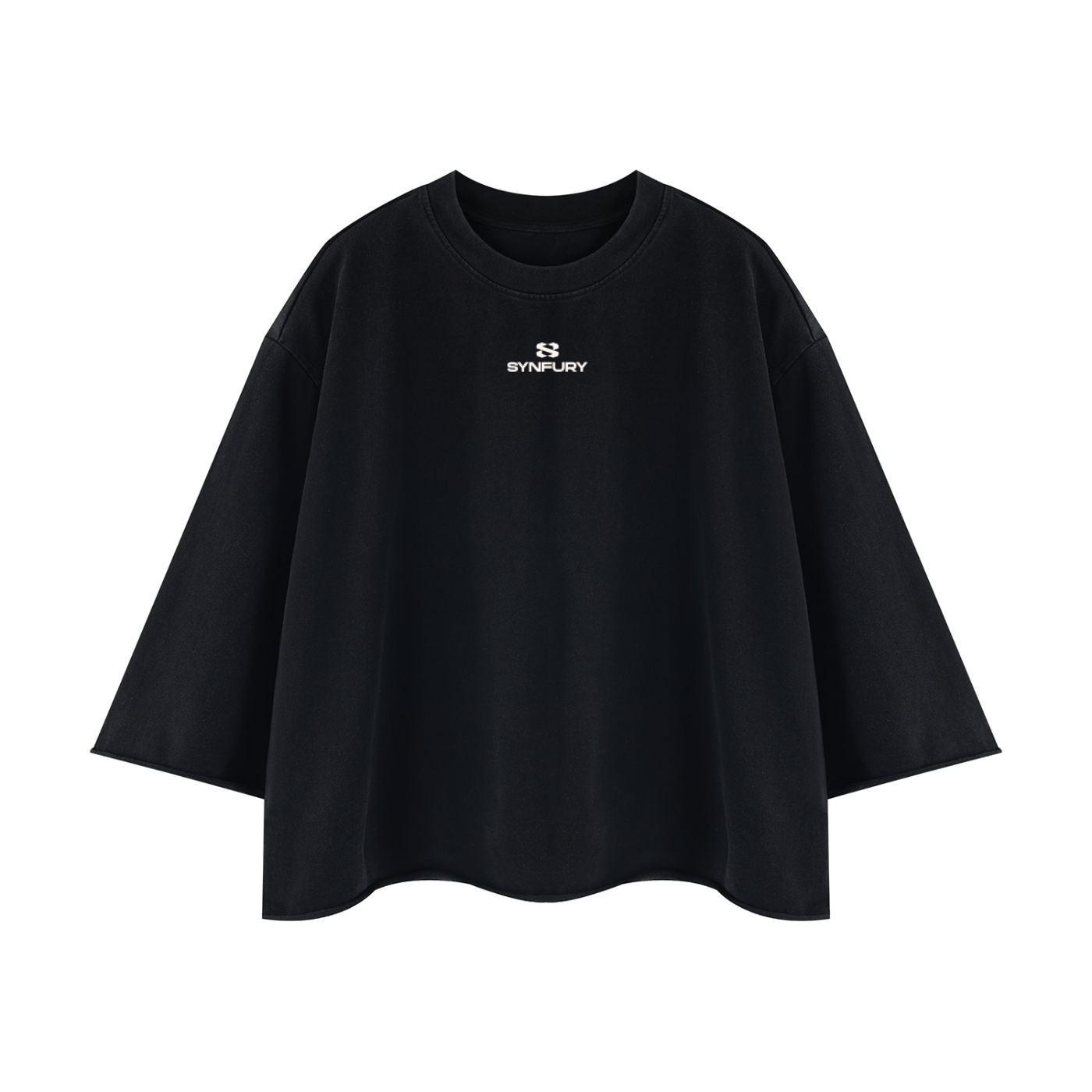 A black short-sleeve t-shirt with a small white 'SYNPLAY' logo printed on the center chest, displayed against a solid white background.