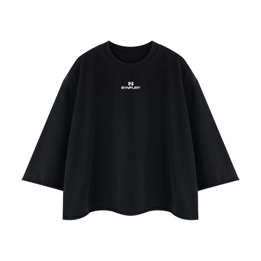 A black short-sleeve t-shirt with a small white 'SYNPLAY' logo printed on the center chest, displayed against a solid white background.