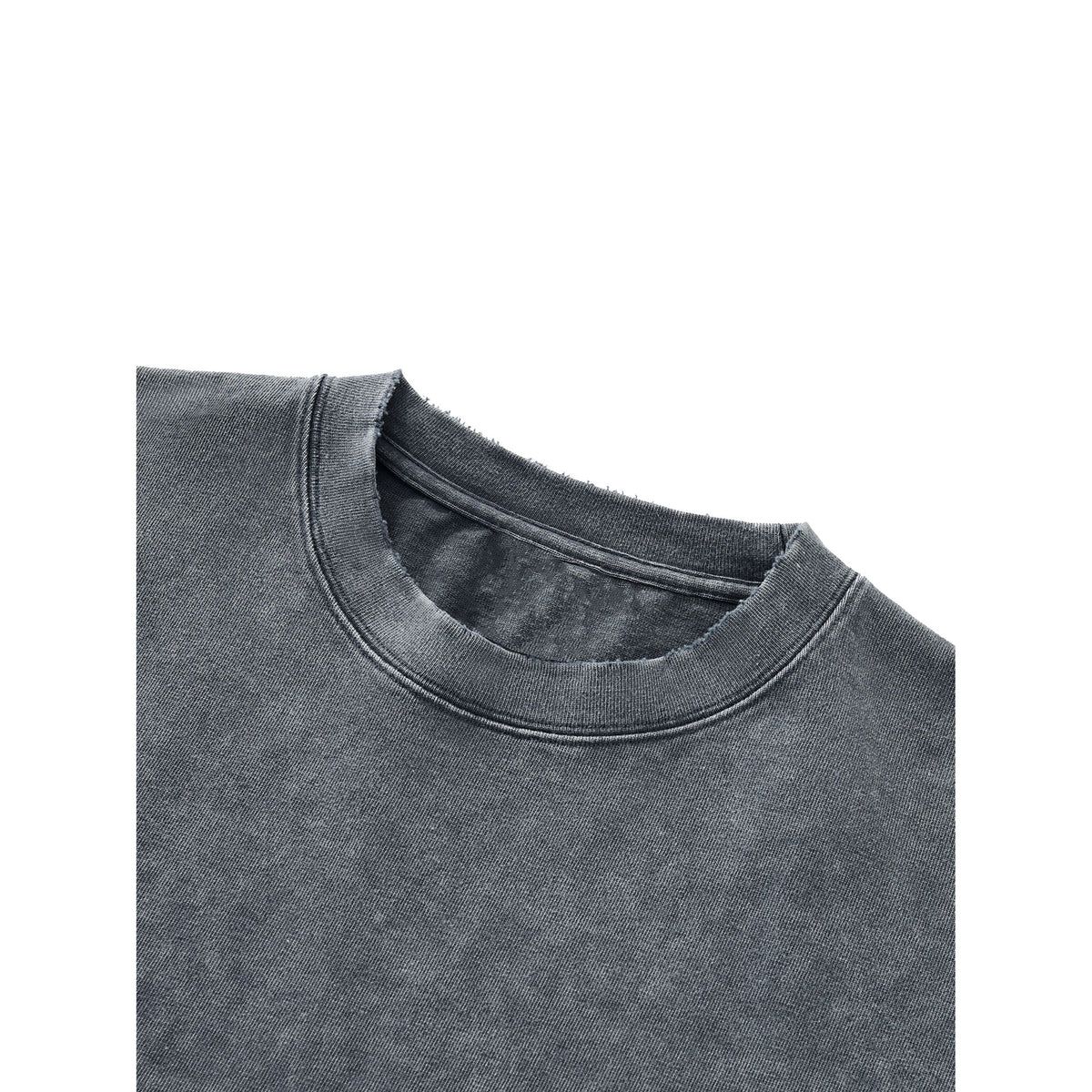 Close-up of a gray sweatshirt collar on a white background