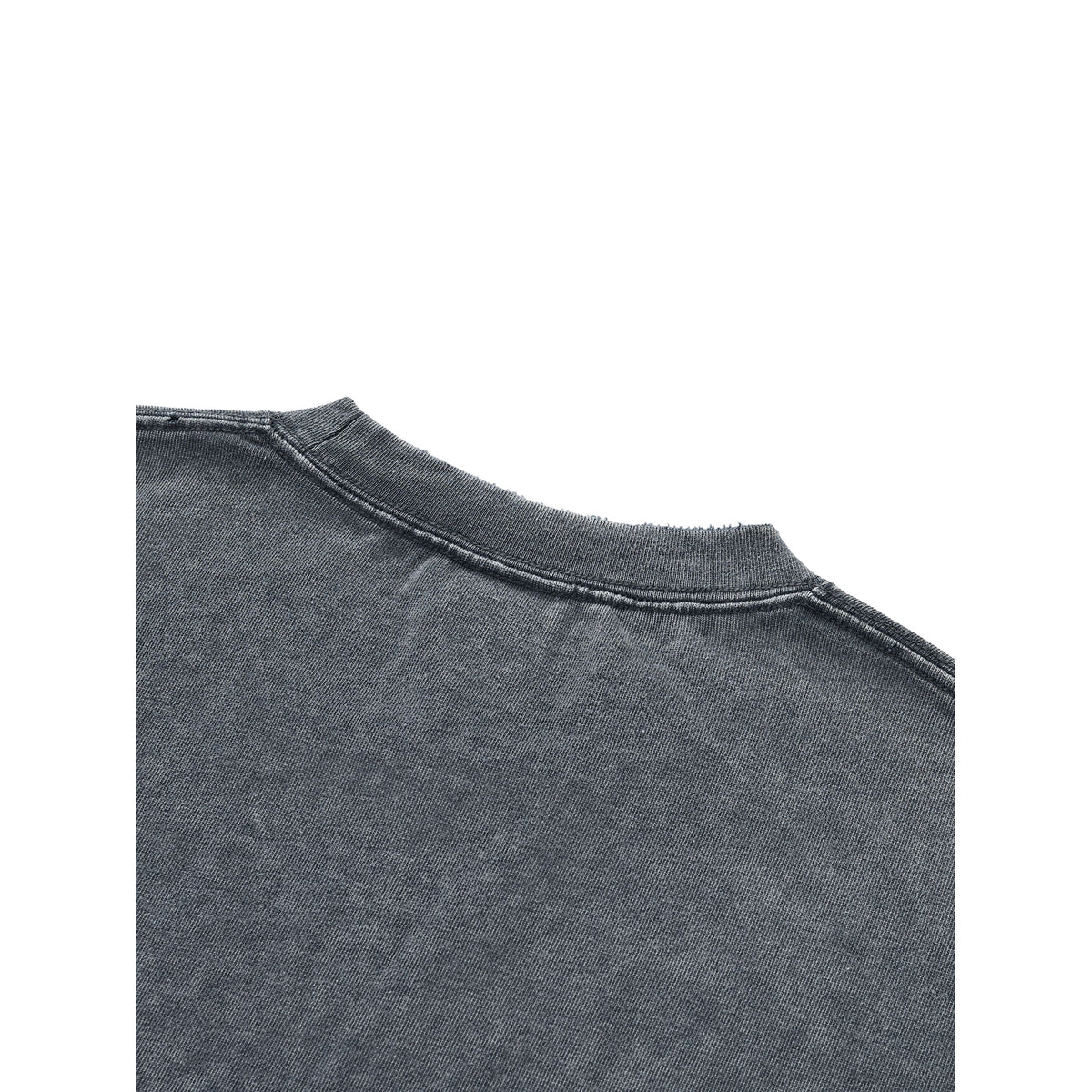 Close-up of a dark gray shirt collar on a white background