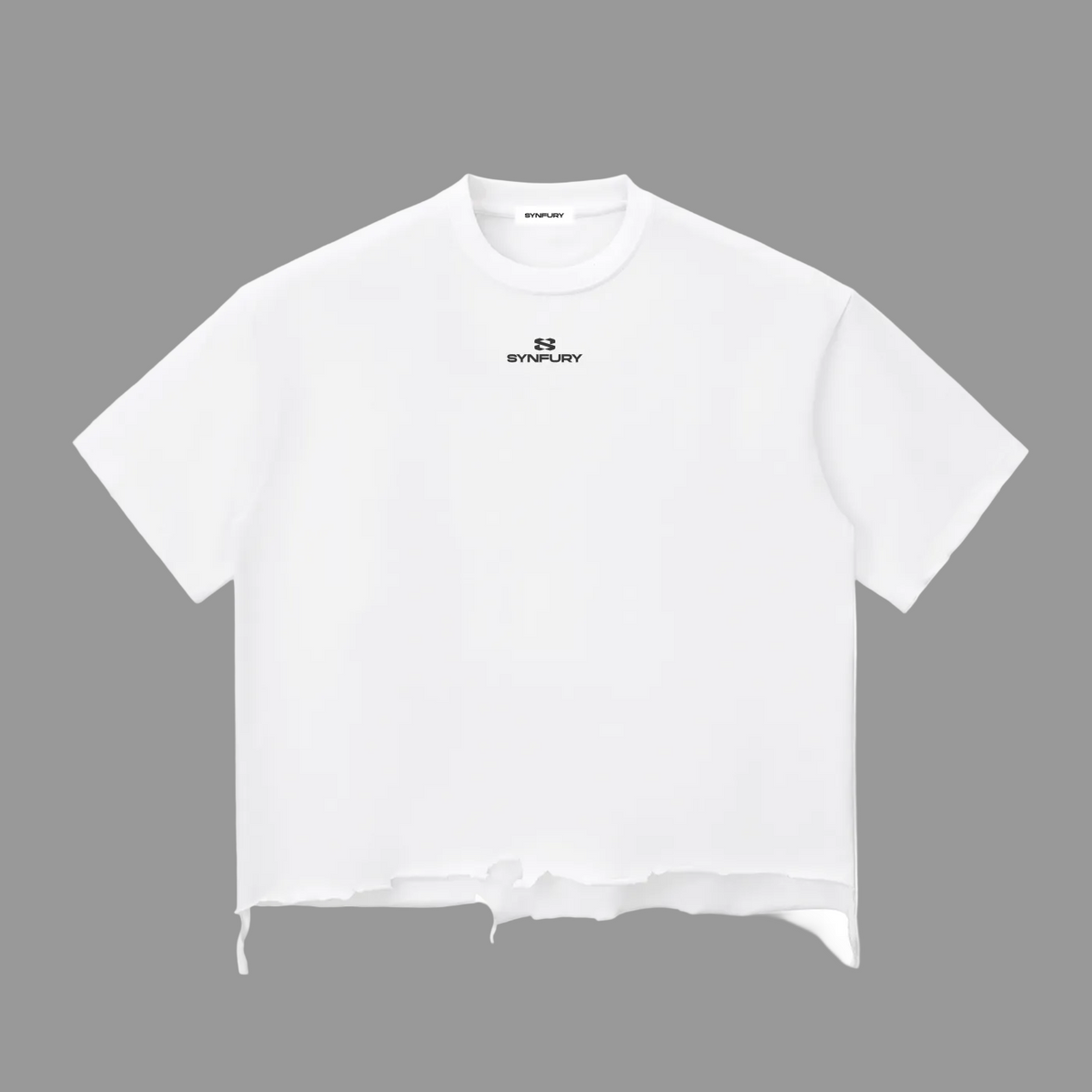 A white short-sleeve crewneck t-shirt with a small black 'SYNFURY' logo printed on the center chest, displayed flat against a solid white background.
