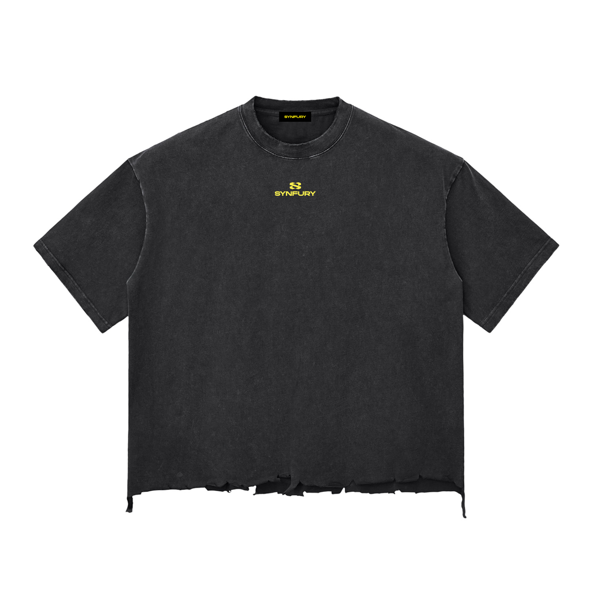 A warm charcoal black t-shirt with a small yellow SYNFURY logo on the center chest, displayed flat against a solid white background.