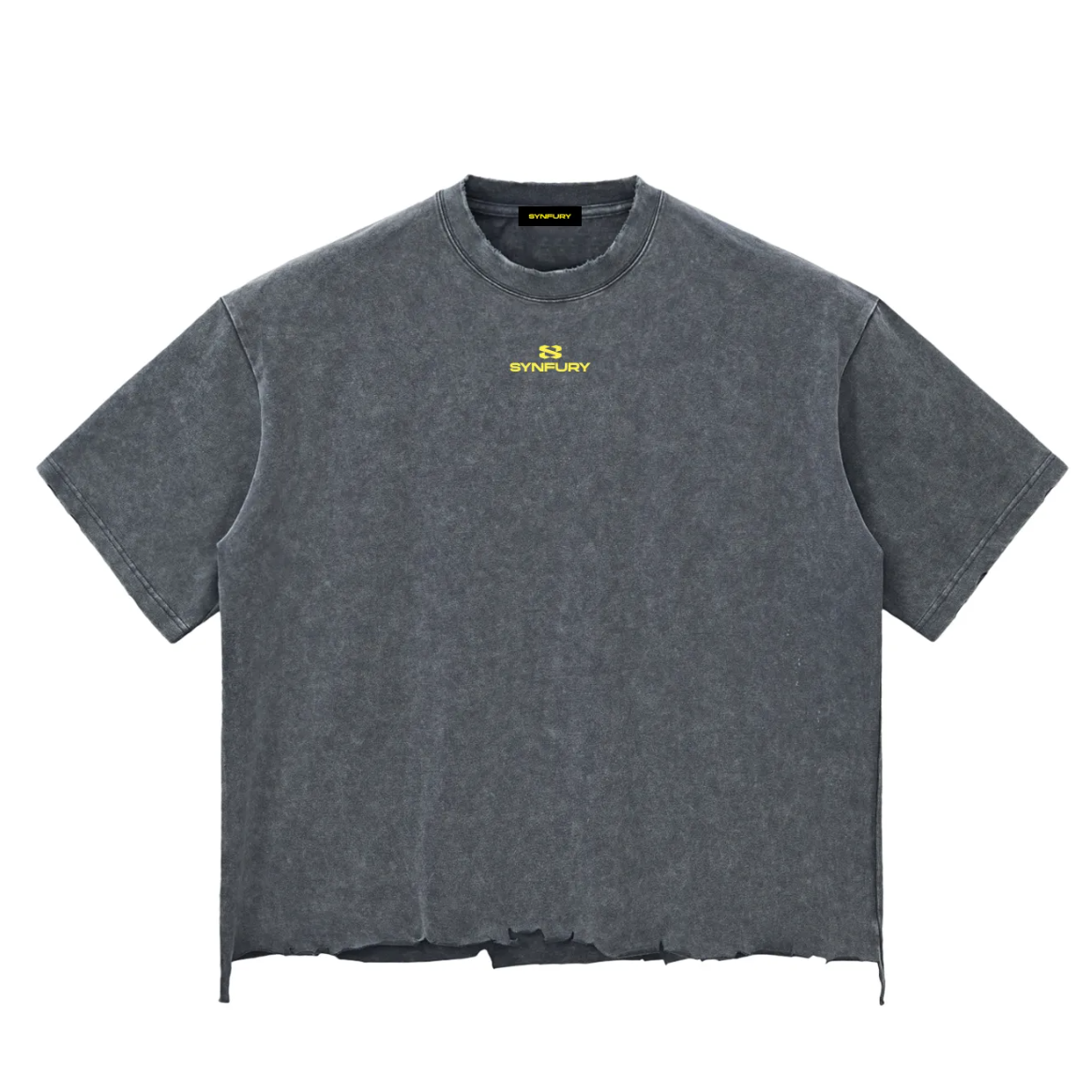 A stone gray mineral-wash t-shirt with a small yellow SYNFURY logo on the left chest, displayed flat against a solid white background.