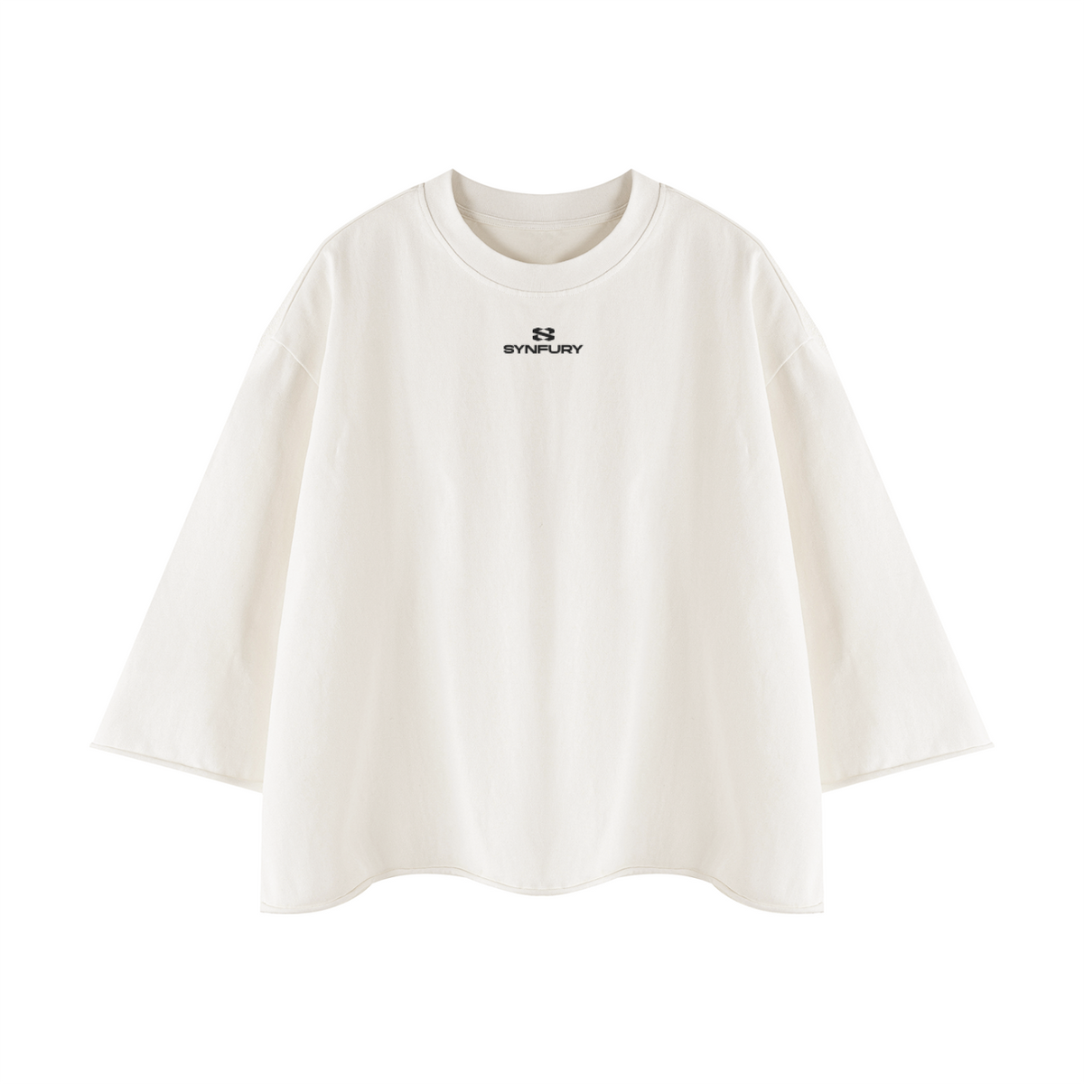 White short-sleeve crewneck t-shirt with a small black 'SYNFURY' logo printed on the center chest, displayed on a clean white background.