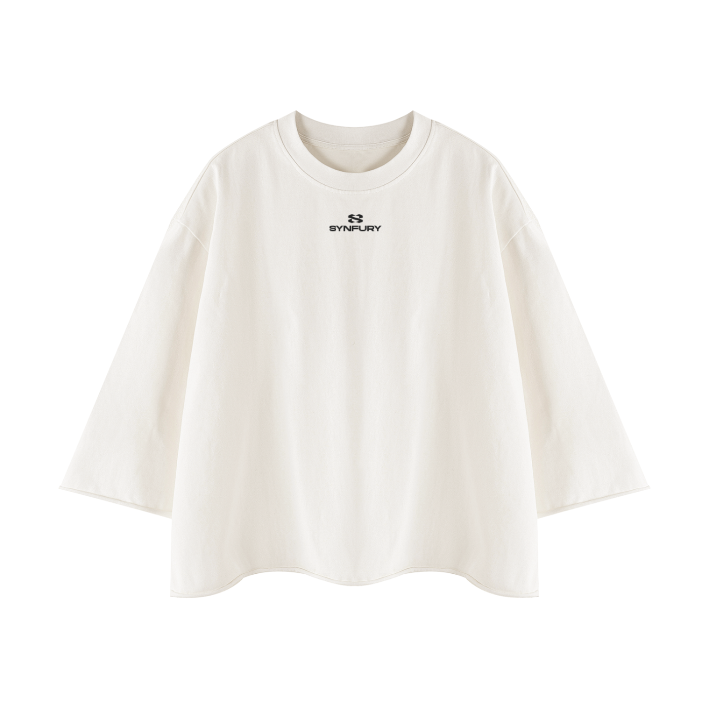 White short-sleeve crewneck t-shirt with a small black 'SYNFURY' logo printed on the center chest, displayed on a clean white background.