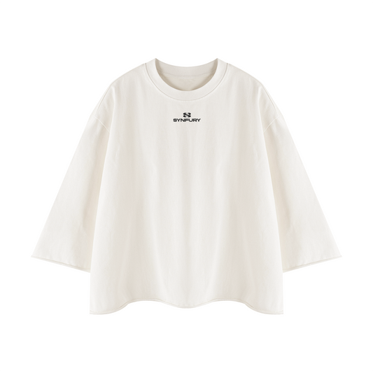 White short-sleeve crewneck t-shirt with a small black 'SYNFURY' logo printed on the center chest, displayed on a clean white background.